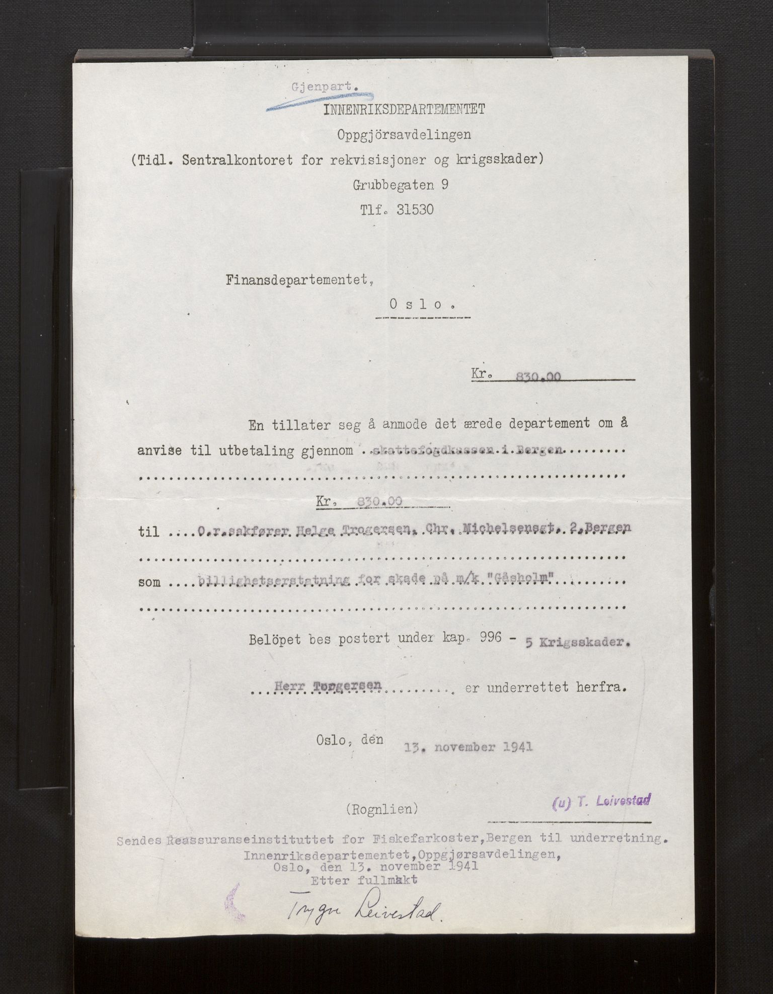 Fiskeridirektoratet - 1 Adm. ledelse - 13 Båtkontoret, AV/SAB-A-2003/La/L0008: Statens krigsforsikring for fiskeflåten, 1936-1971, p. 139