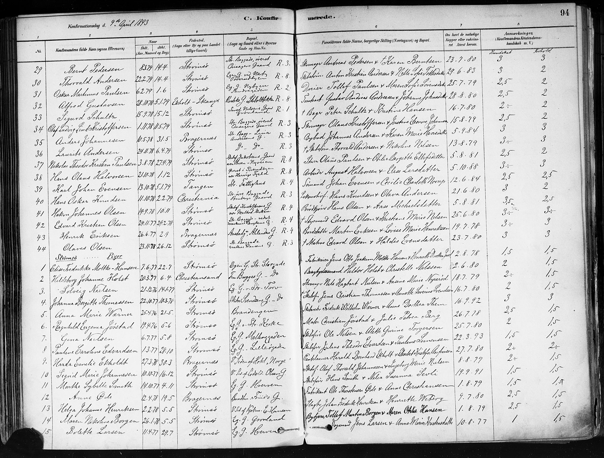 Strømsø kirkebøker, AV/SAKO-A-246/F/Fa/L0022: Parish register (official) no. I 22, 1879-1899, p. 94