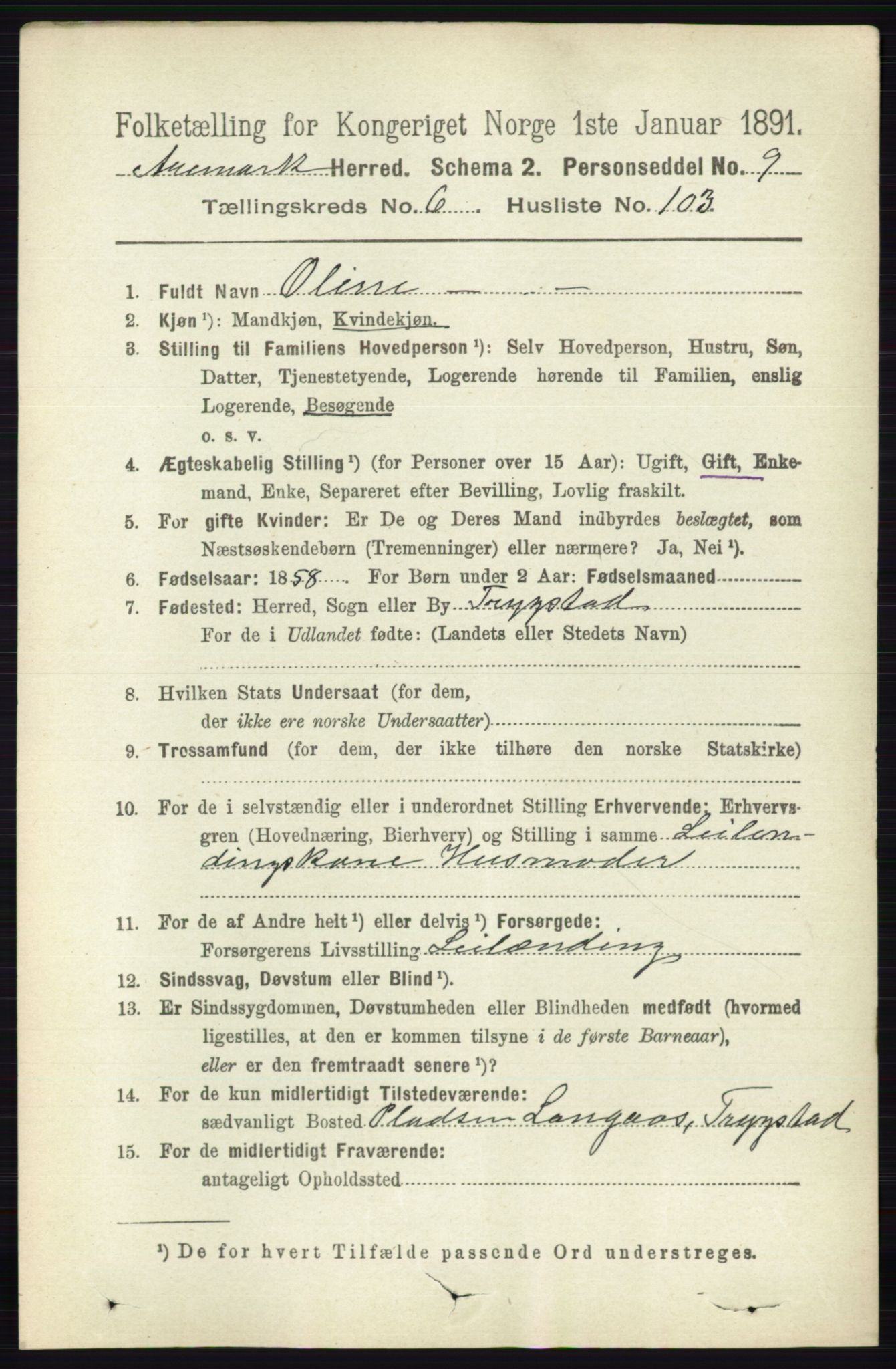 RA, 1891 census for 0118 Aremark, 1891, p. 3754