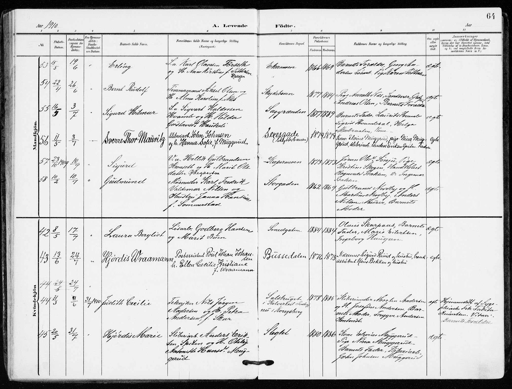 Kongsberg kirkebøker, AV/SAKO-A-22/F/Fb/L0004: Parish register (official) no. II 4, 1906-1918, p. 64
