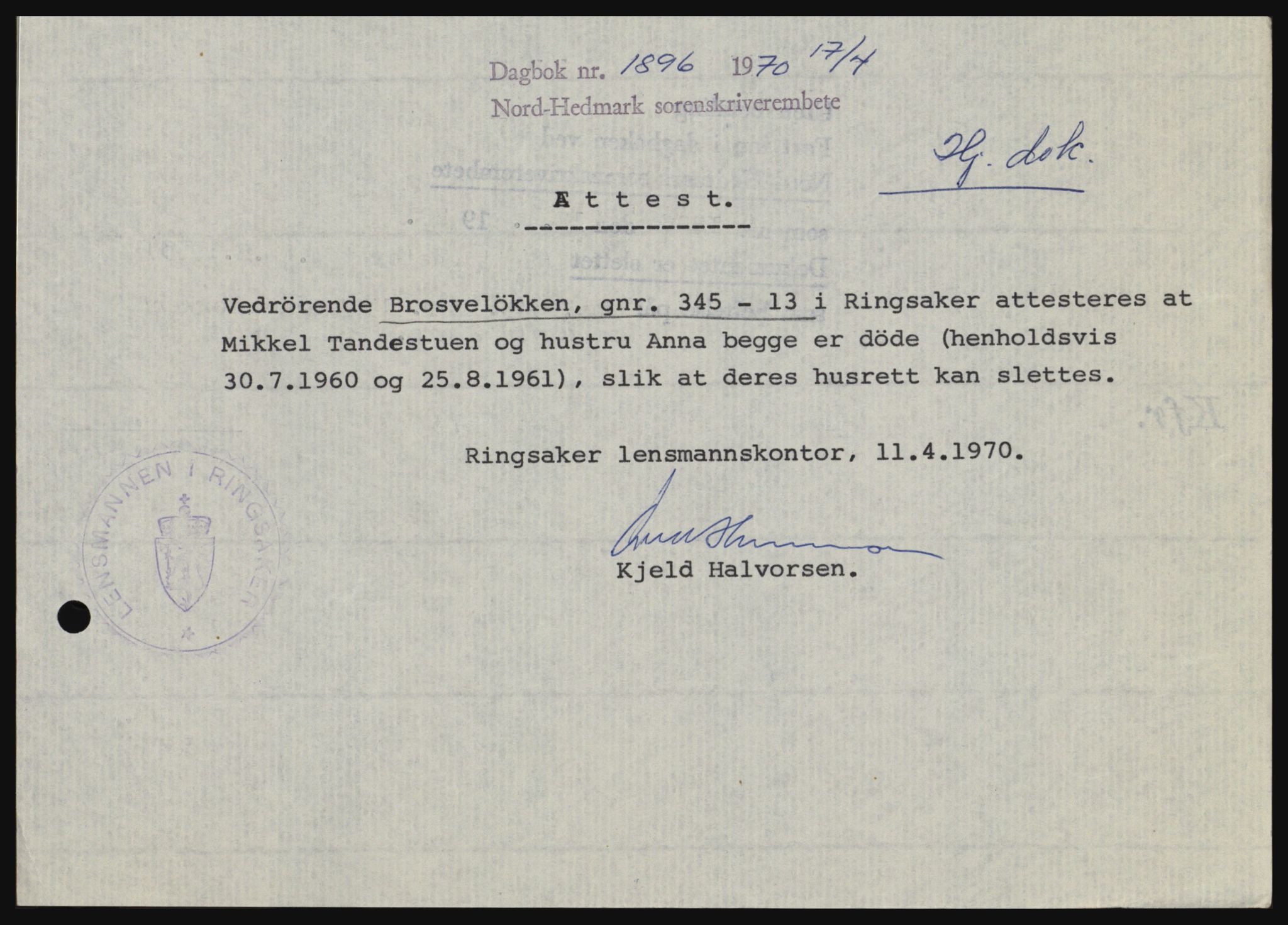 Nord-Hedmark sorenskriveri, SAH/TING-012/H/Hc/L0033: Mortgage book no. 33, 1970-1970, Diary no: : 1896/1970