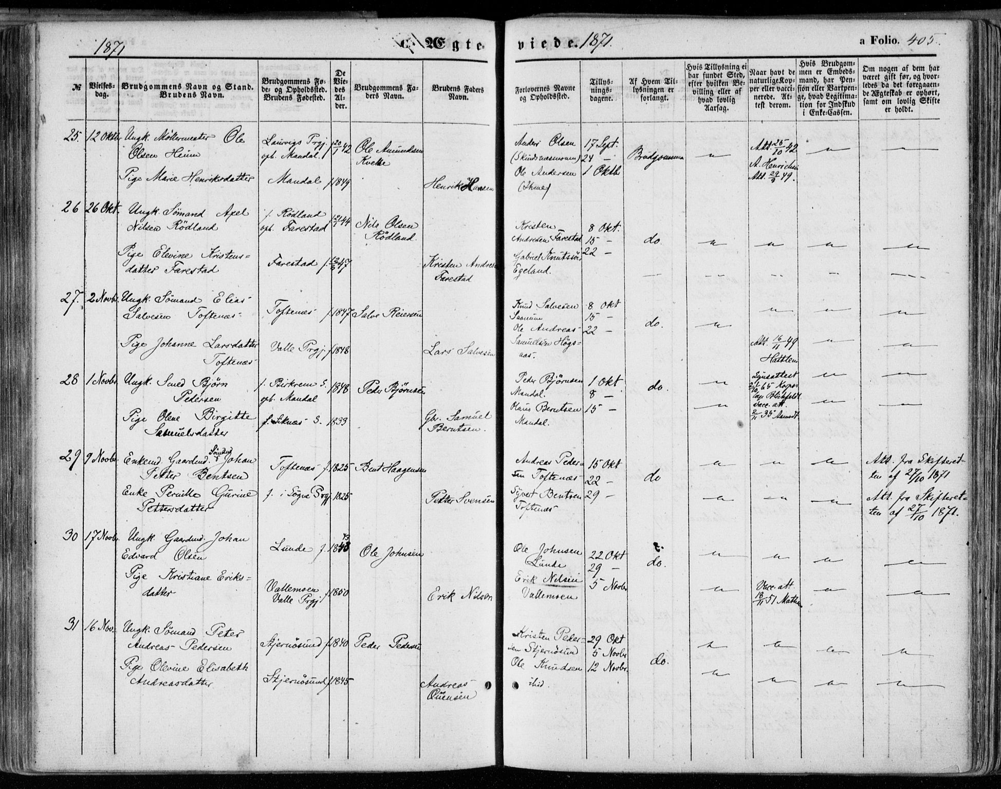 Mandal sokneprestkontor, AV/SAK-1111-0030/F/Fa/Faa/L0014: Parish register (official) no. A 14, 1859-1872, p. 405