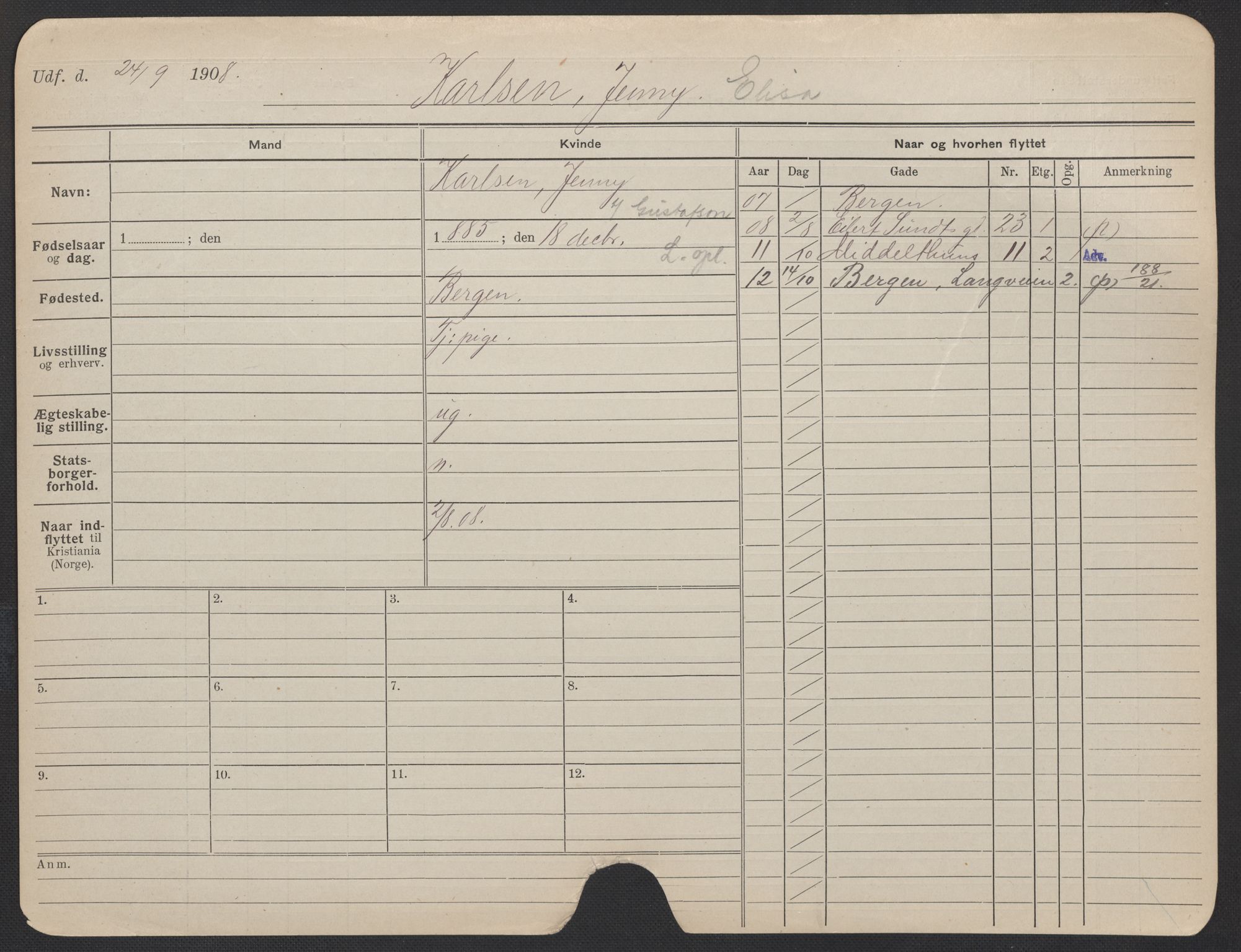 Oslo folkeregister, Registerkort, AV/SAO-A-11715/F/Fa/Fac/L0018: Kvinner, 1906-1914, p. 854a