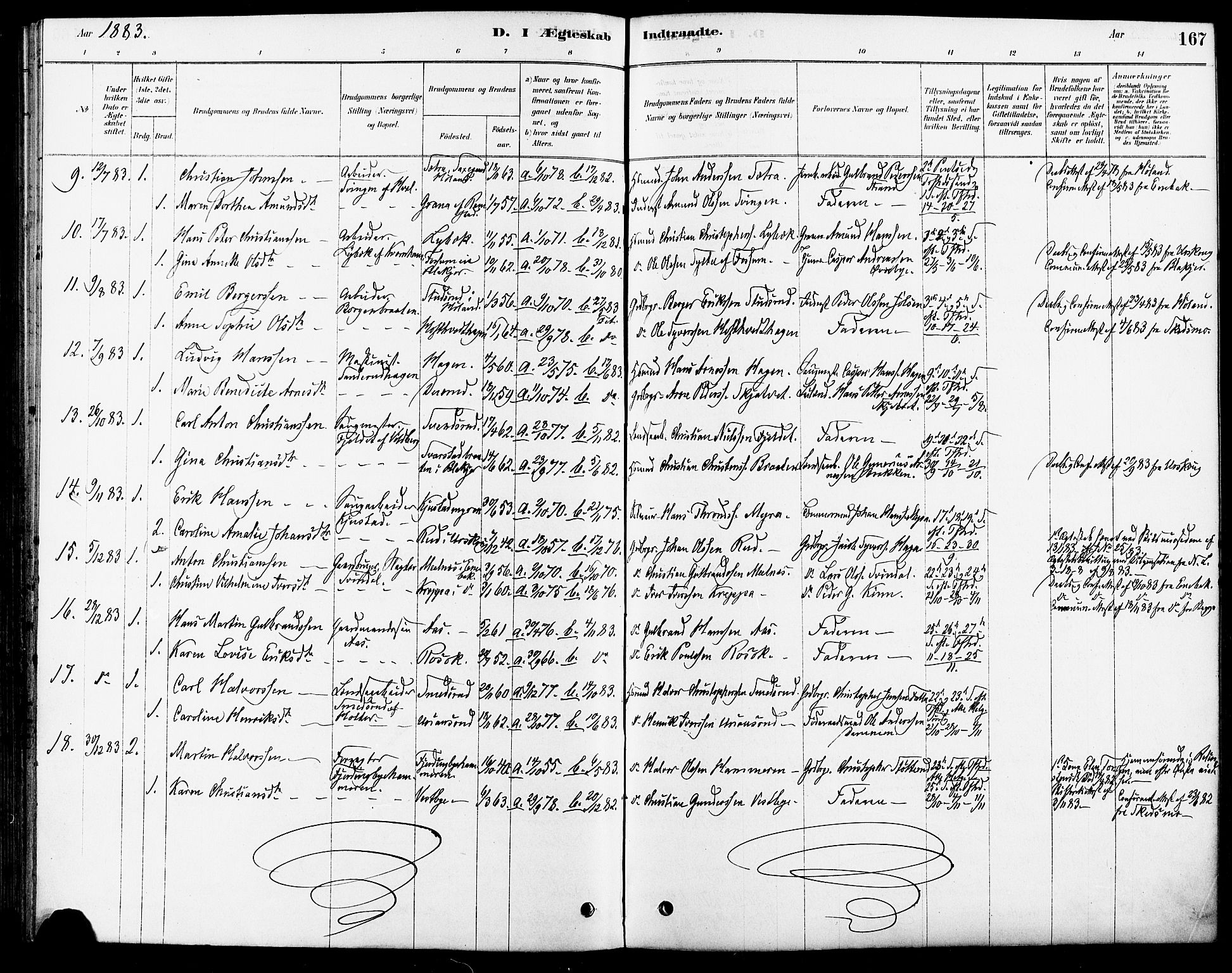 Fet prestekontor Kirkebøker, SAO/A-10370a/F/Fa/L0014: Parish register (official) no. I 14, 1878-1891, p. 167