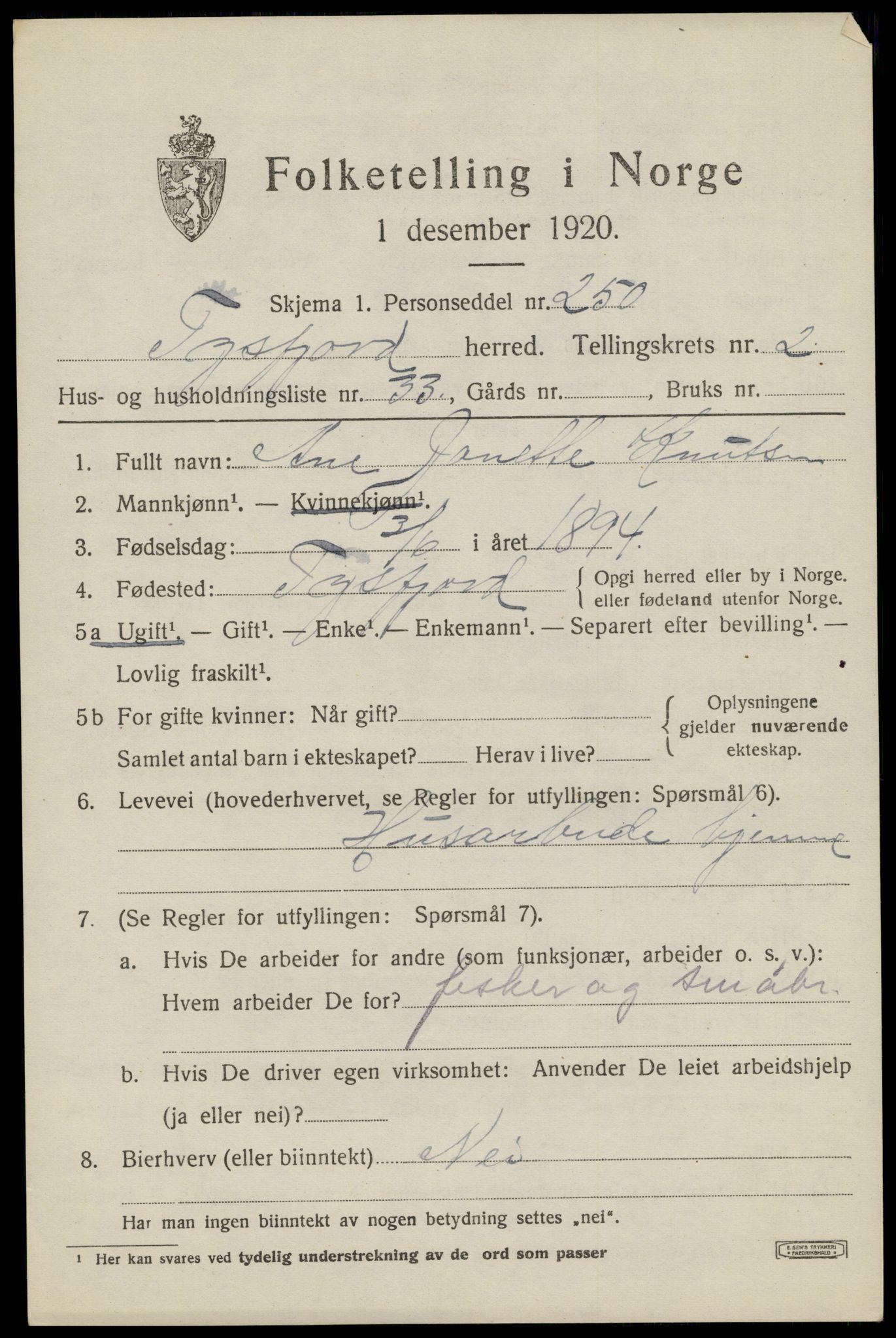 SAT, 1920 census for Tysfjord, 1920, p. 1727