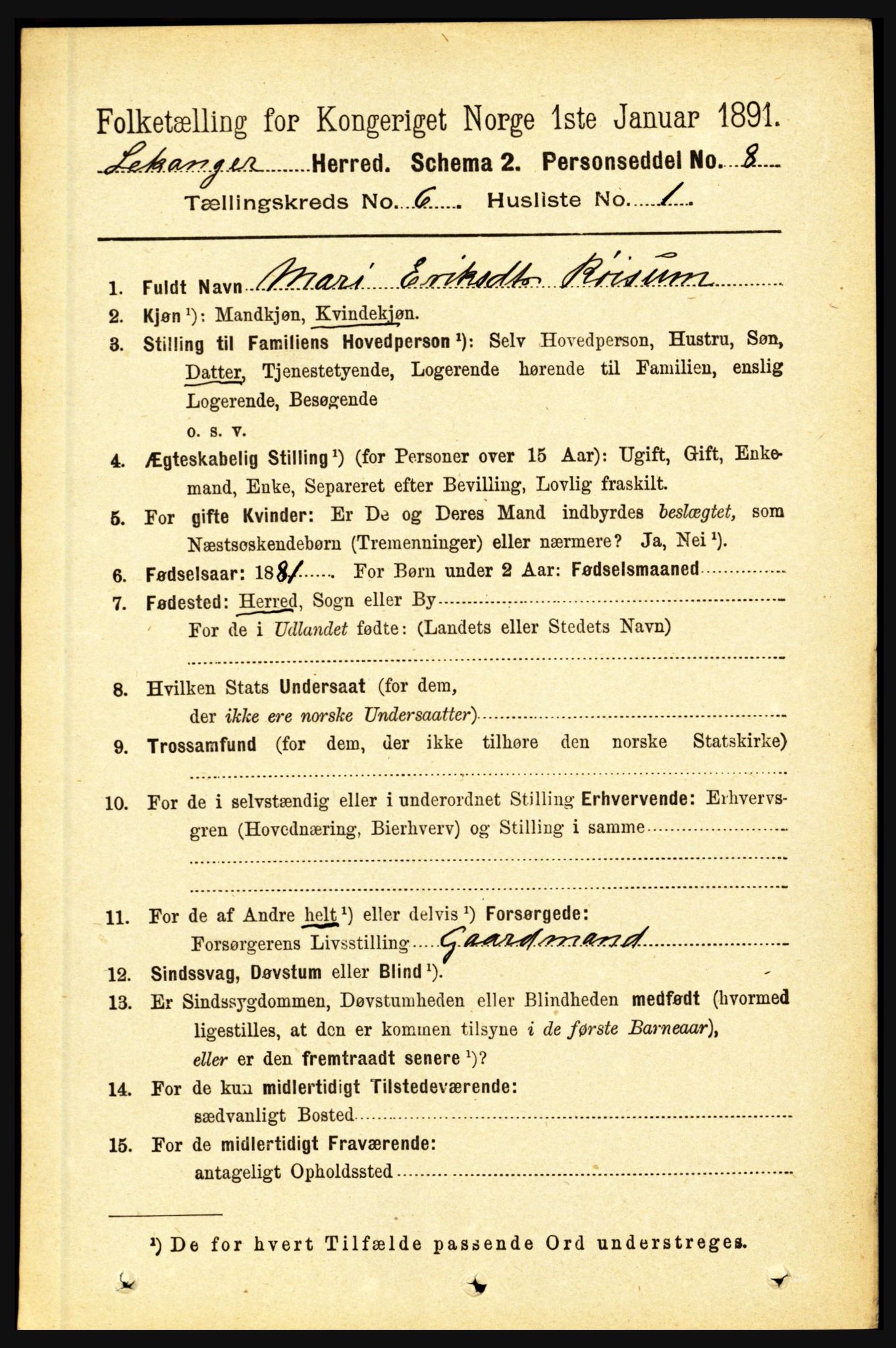 RA, 1891 census for 1419 Leikanger, 1891, p. 1125