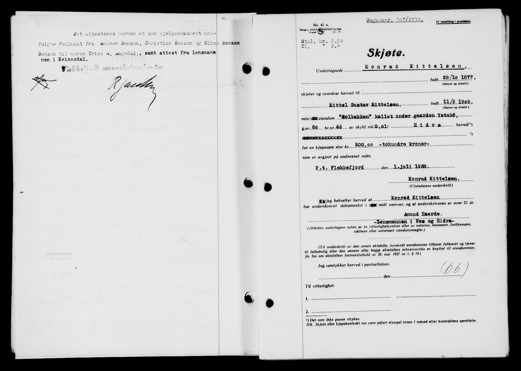 Flekkefjord sorenskriveri, SAK/1221-0001/G/Gb/Gba/L0054: Mortgage book no. A-2, 1937-1938, Diary no: : 387/1938