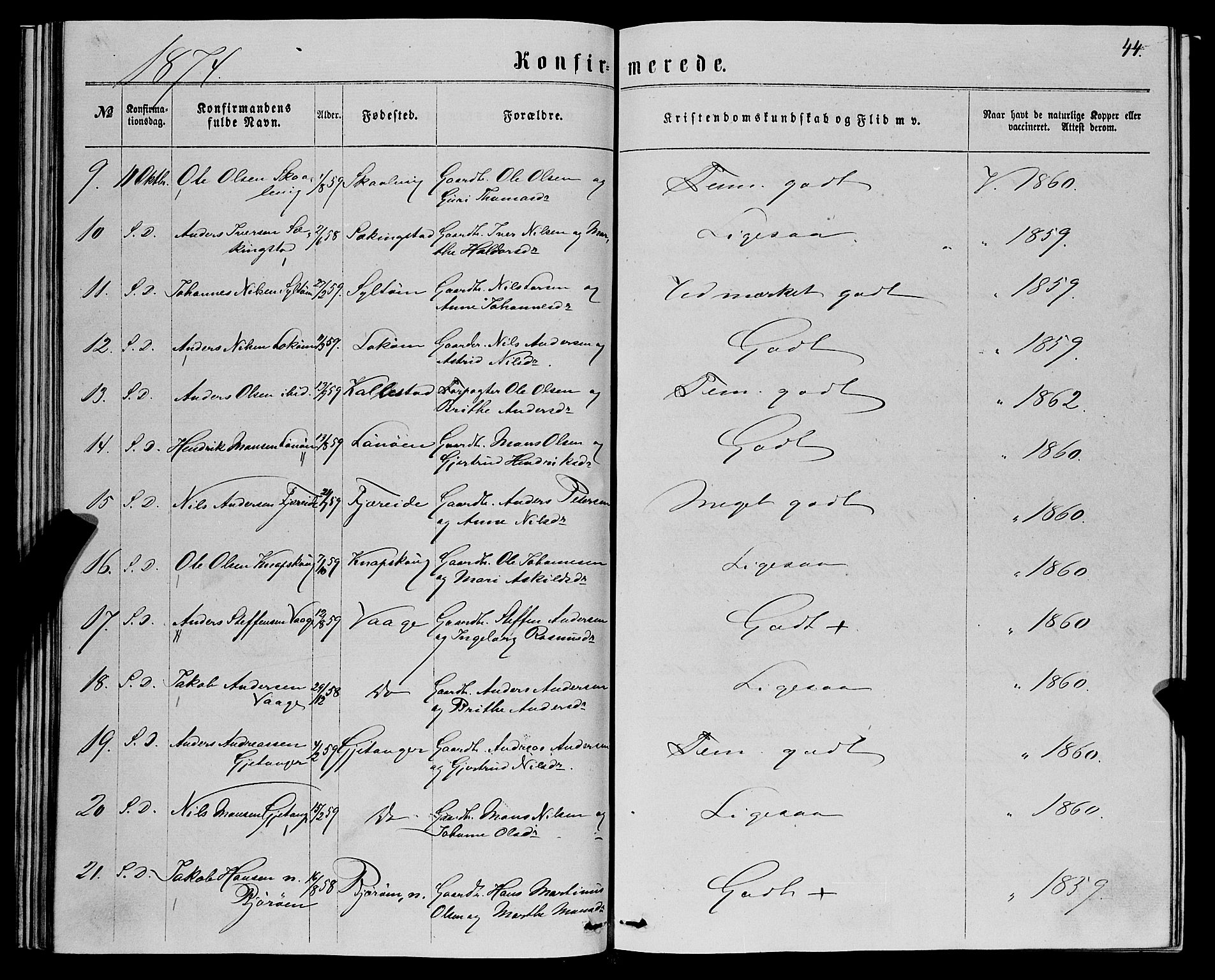 Fjell sokneprestembete, SAB/A-75301/H/Haa: Parish register (official) no. A 5, 1864-1877, p. 44
