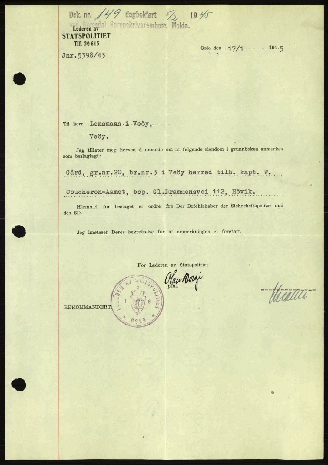 Romsdal sorenskriveri, AV/SAT-A-4149/1/2/2C: Mortgage book no. A17, 1944-1945, Diary no: : 149/1945