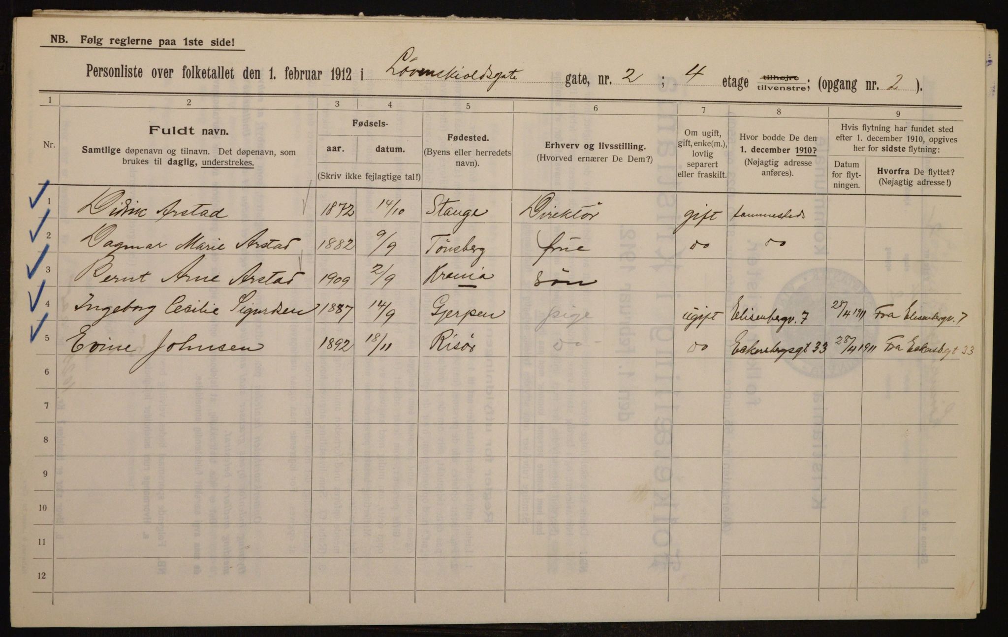 OBA, Municipal Census 1912 for Kristiania, 1912, p. 59162