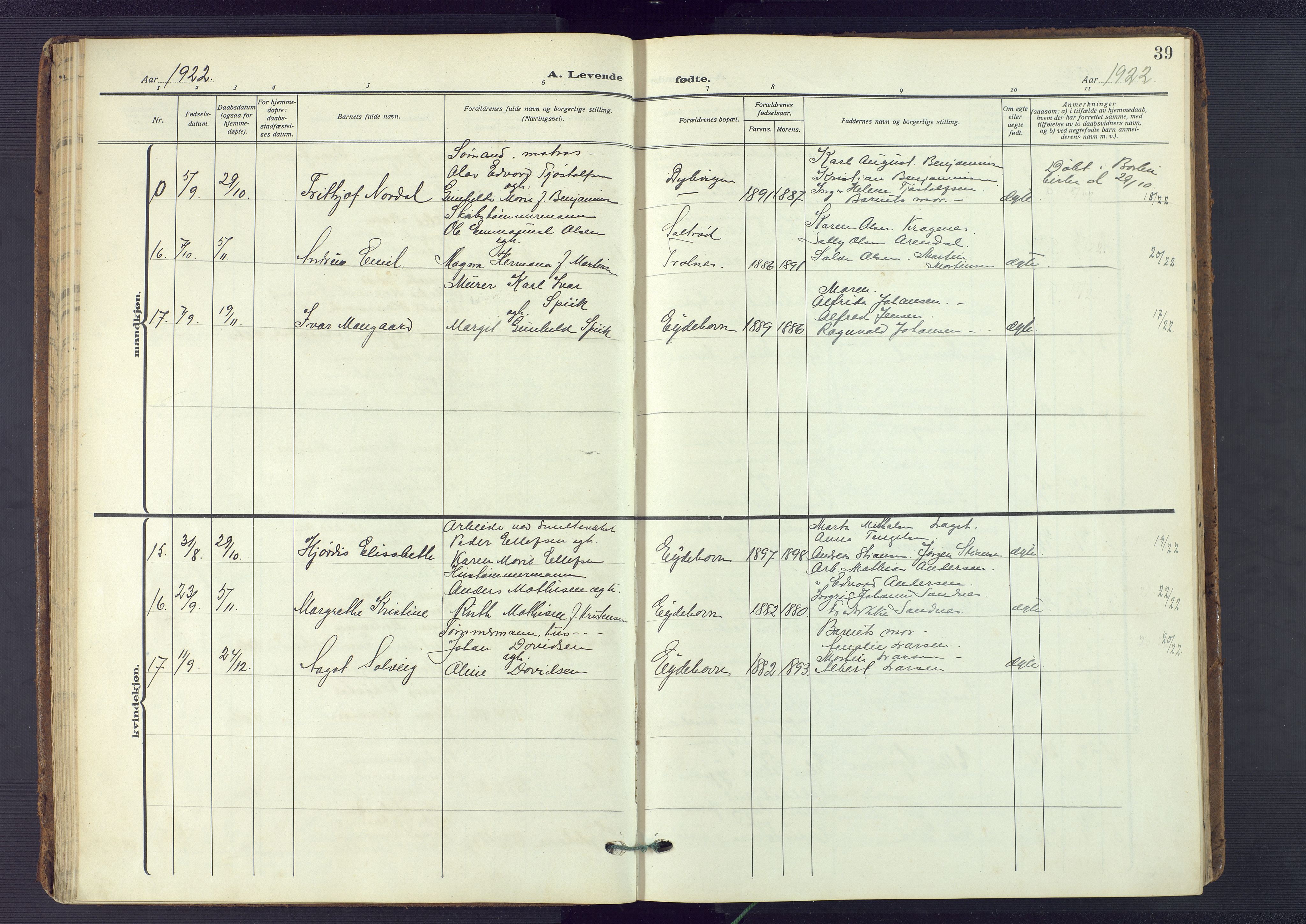 Austre Moland sokneprestkontor, SAK/1111-0001/F/Fa/Fab/L0003: Parish register (official) no. A 3, 1914-1927, p. 39