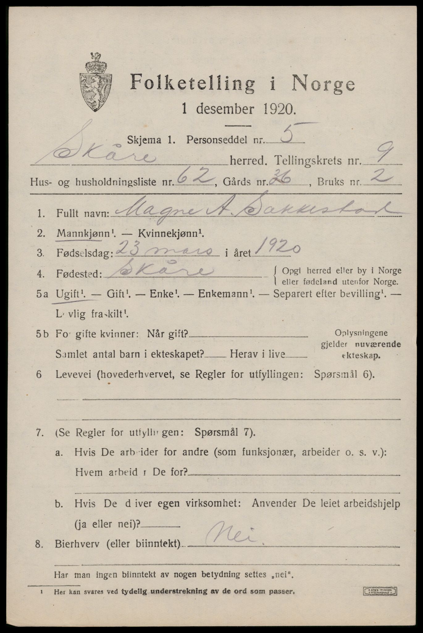 SAST, 1920 census for Skåre, 1920, p. 7852