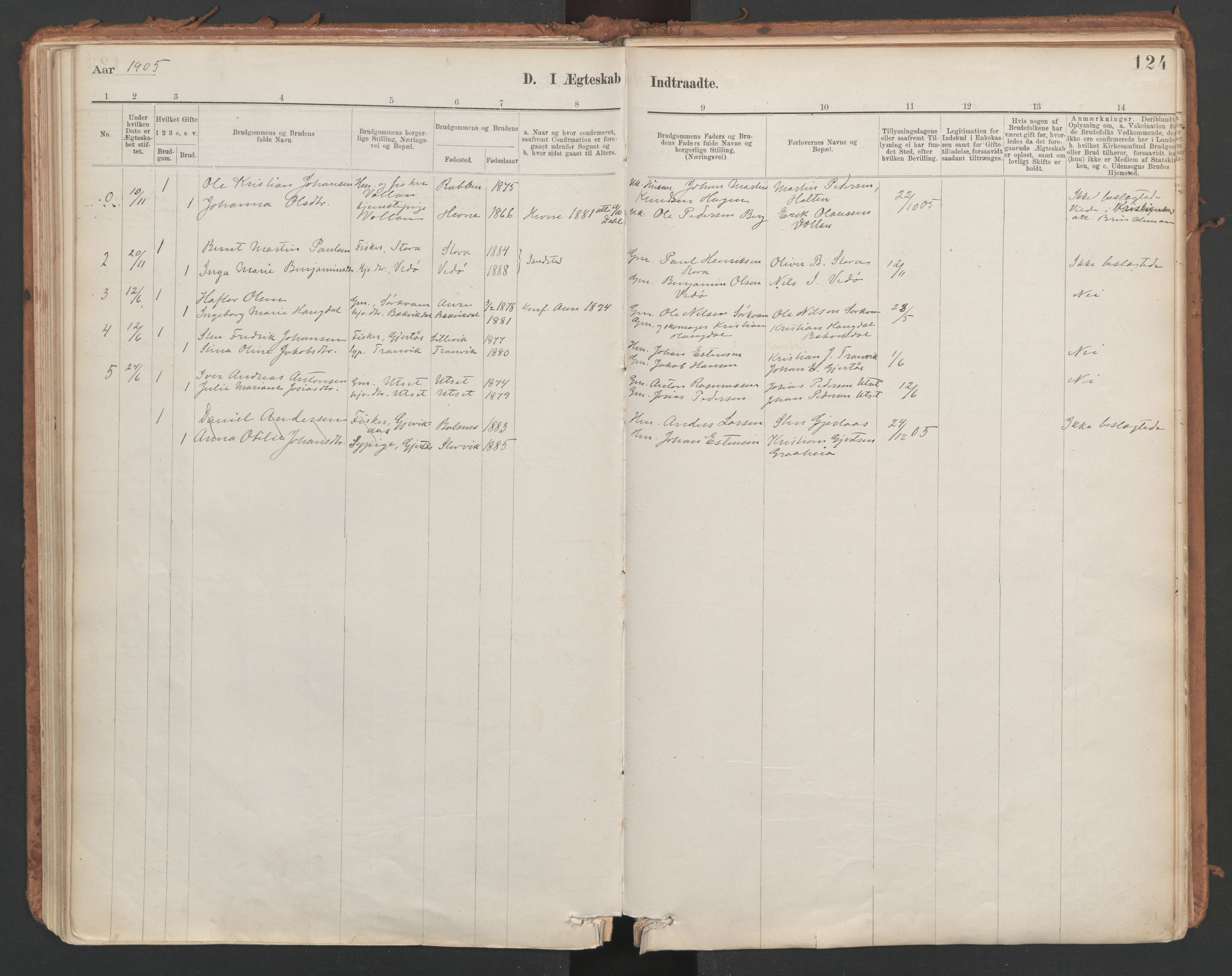 Ministerialprotokoller, klokkerbøker og fødselsregistre - Sør-Trøndelag, SAT/A-1456/639/L0572: Parish register (official) no. 639A01, 1890-1920, p. 124