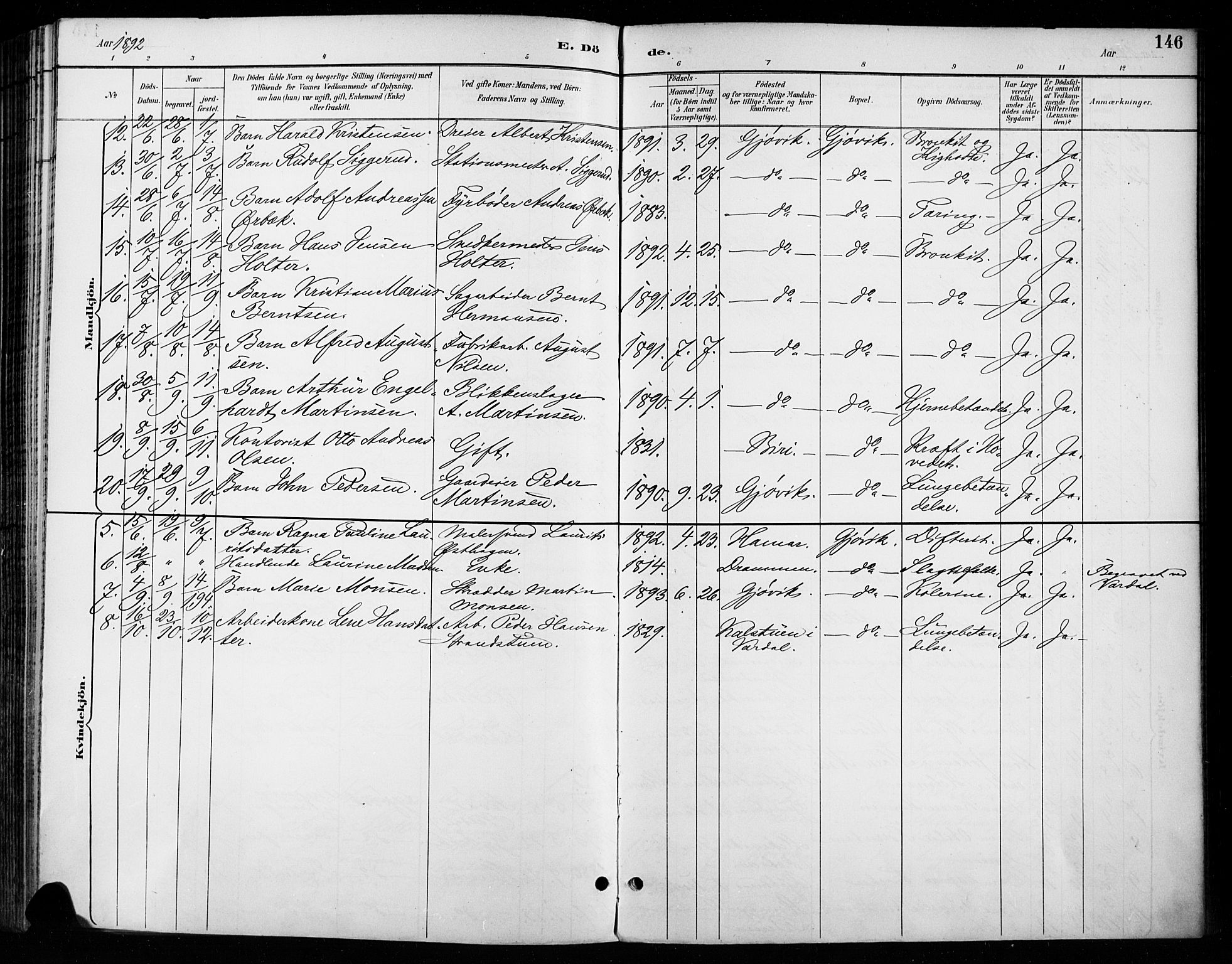 Vardal prestekontor, AV/SAH-PREST-100/H/Ha/Haa/L0011: Parish register (official) no. 11, 1891-1901, p. 146