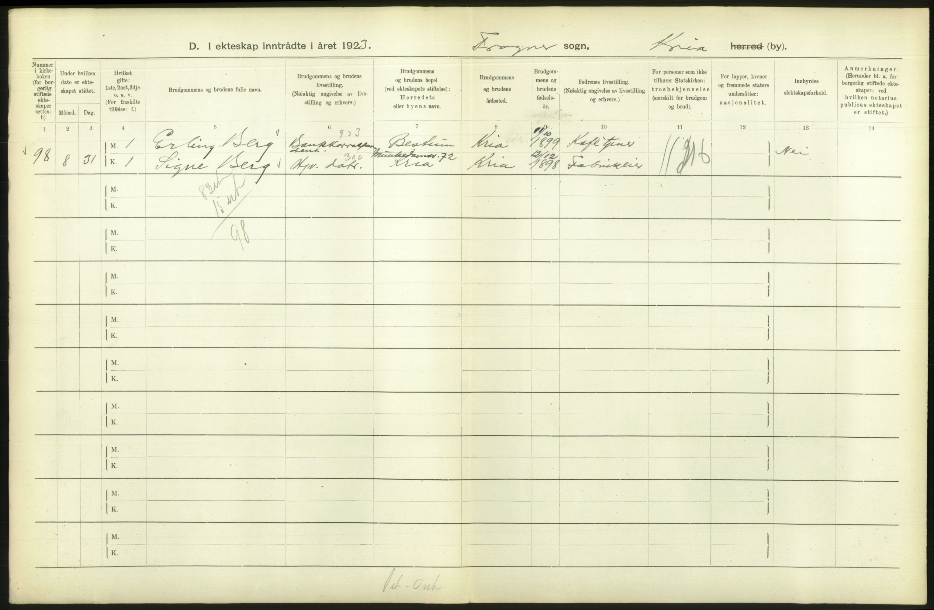 Statistisk sentralbyrå, Sosiodemografiske emner, Befolkning, AV/RA-S-2228/D/Df/Dfc/Dfcc/L0008: Kristiania: Gifte, 1923, p. 316