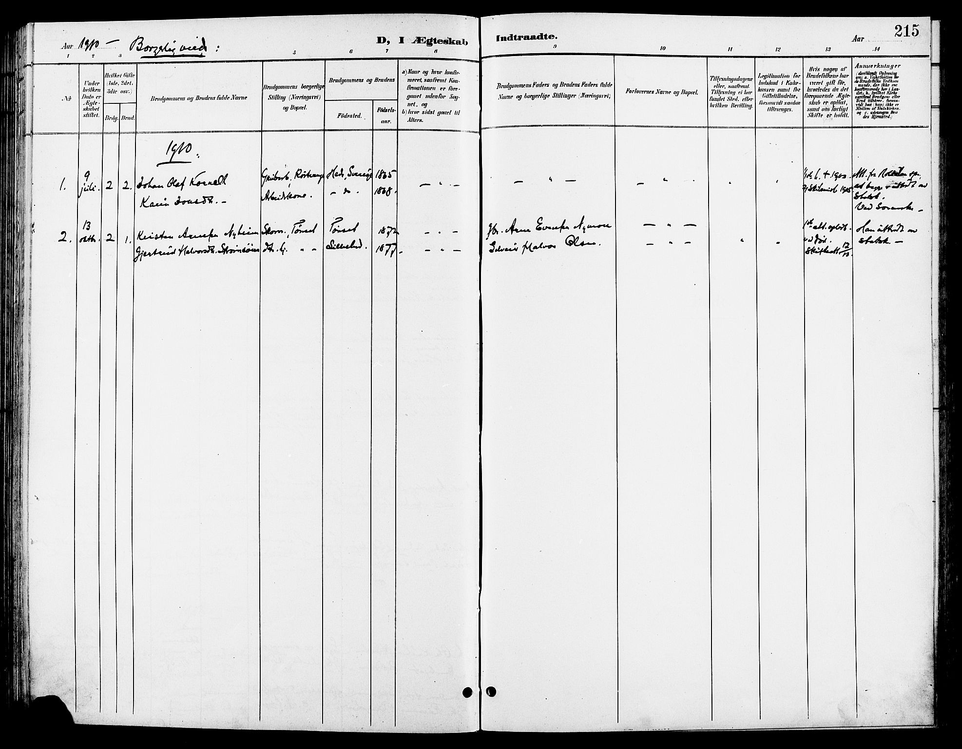 Tynset prestekontor, AV/SAH-PREST-058/H/Ha/Hab/L0009: Parish register (copy) no. 9, 1900-1914, p. 215