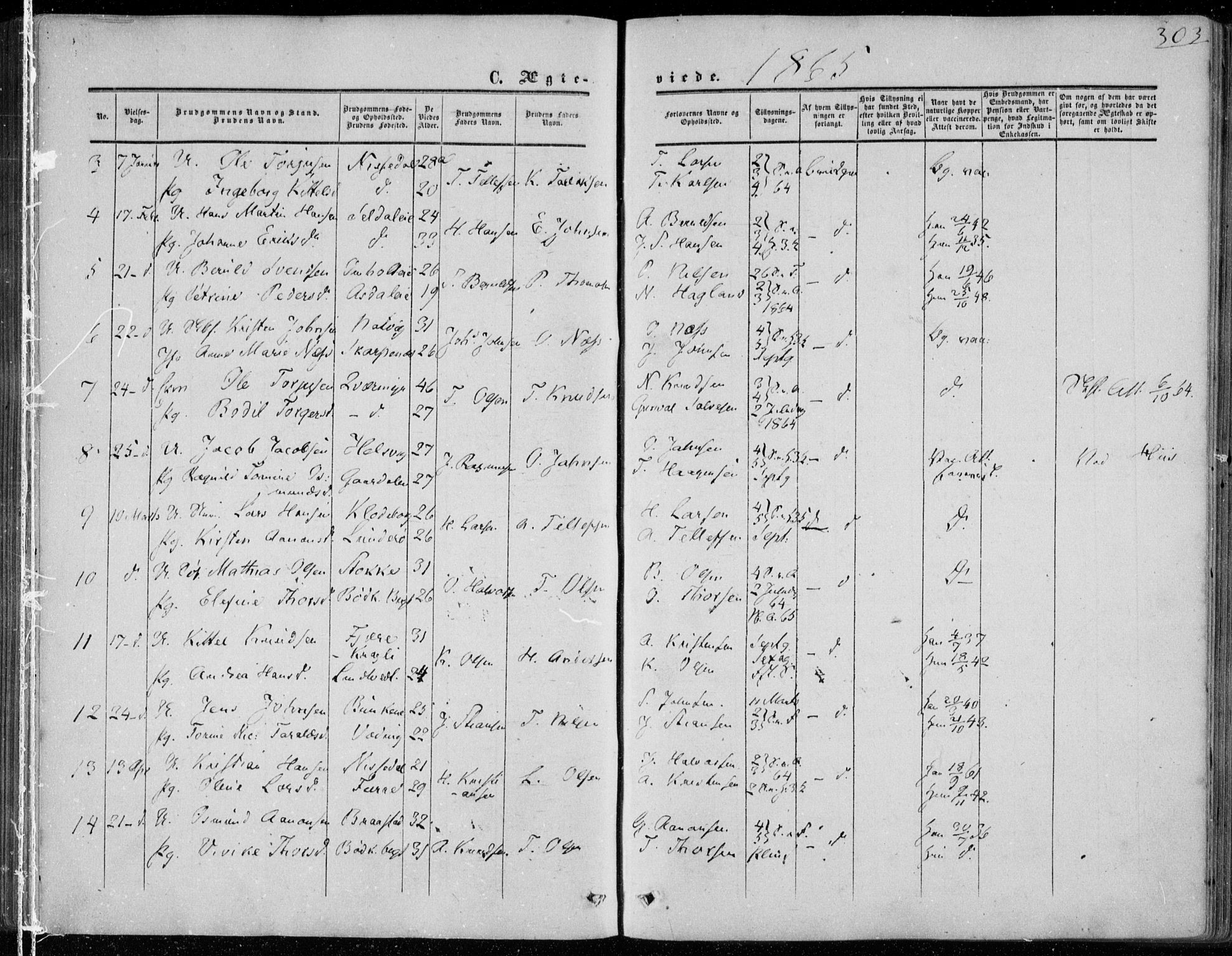 Øyestad sokneprestkontor, AV/SAK-1111-0049/F/Fa/L0015: Parish register (official) no. A 15, 1857-1873, p. 303