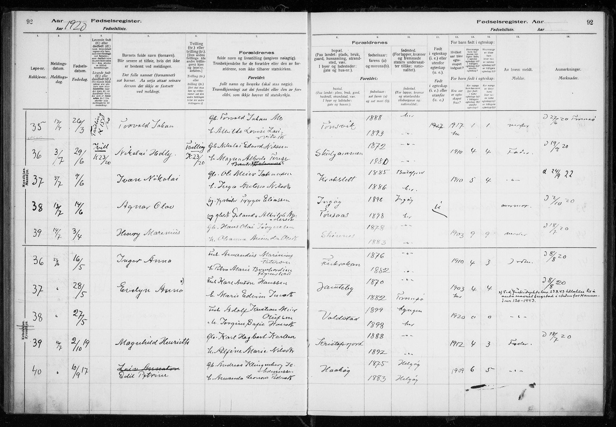 Tromsøysund sokneprestkontor, SATØ/S-1304/H/Ha/L0079: Birth register no. 79, 1916-1924, p. 92