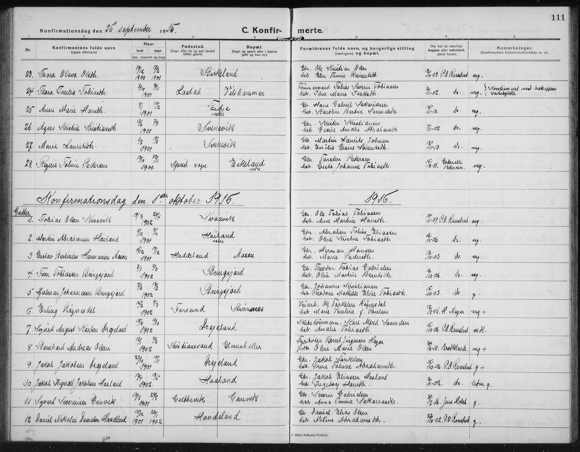 Lyngdal sokneprestkontor, AV/SAK-1111-0029/F/Fb/Fbc/L0006: Parish register (copy) no. B 6, 1914-1934, p. 111