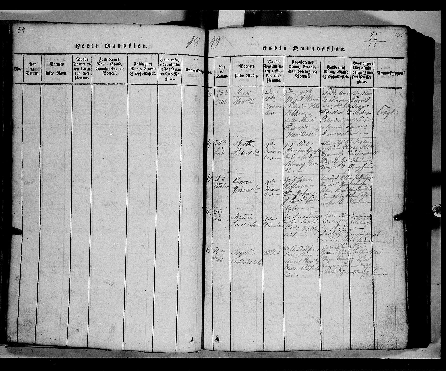Gausdal prestekontor, SAH/PREST-090/H/Ha/Hab/L0002: Parish register (copy) no. 2, 1818-1874, p. 154-155