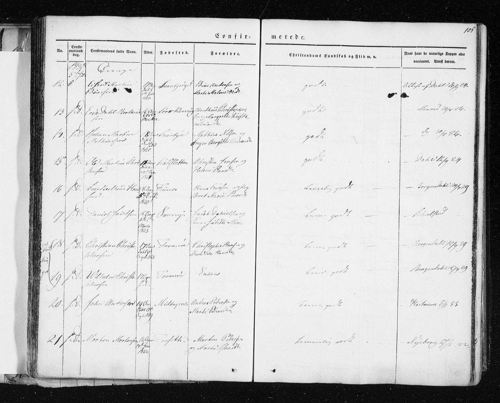 Tromsø sokneprestkontor/stiftsprosti/domprosti, AV/SATØ-S-1343/G/Ga/L0009kirke: Parish register (official) no. 9, 1837-1847, p. 105