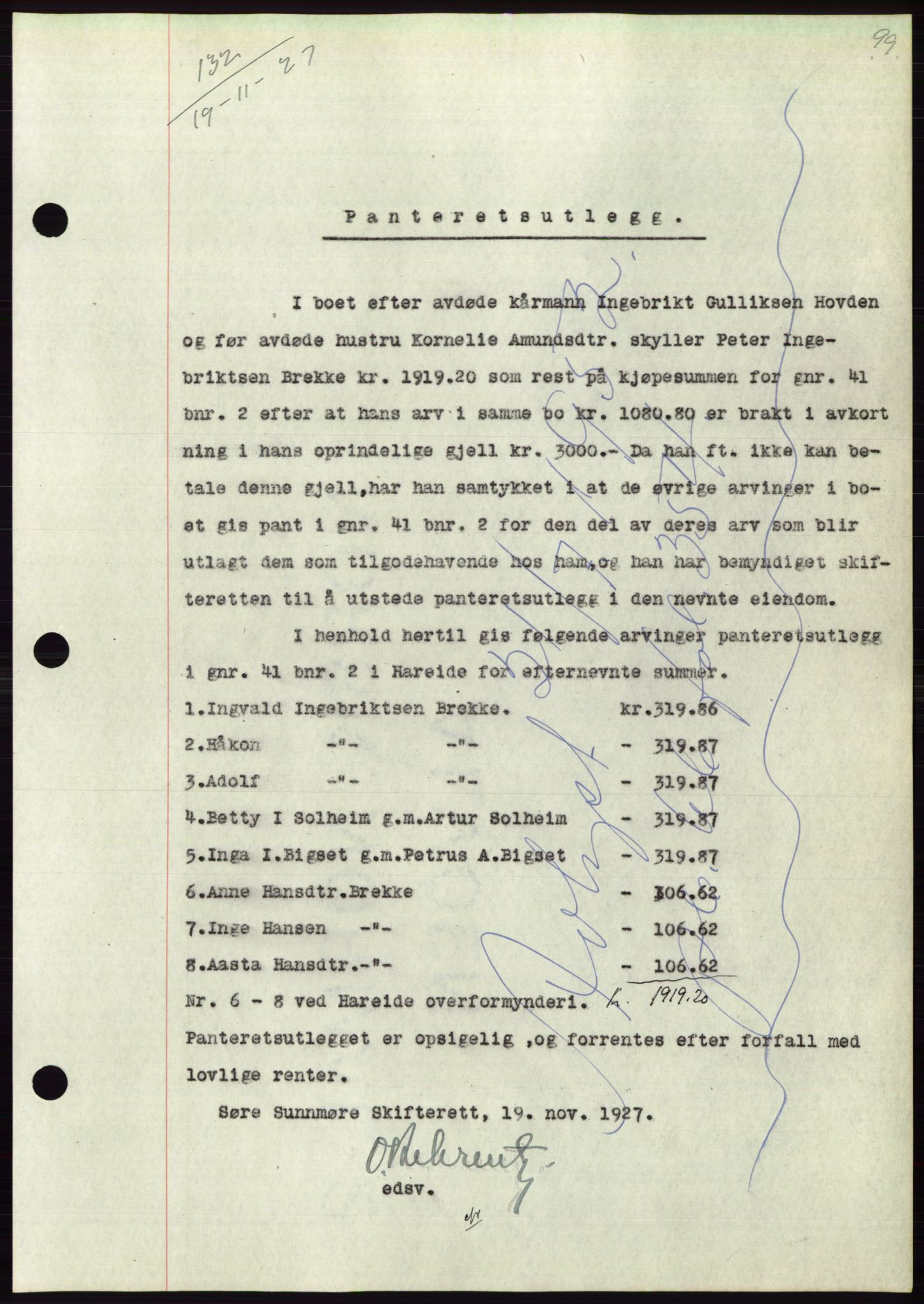 Søre Sunnmøre sorenskriveri, AV/SAT-A-4122/1/2/2C/L0047: Mortgage book no. 41, 1927-1928, Deed date: 19.11.1927