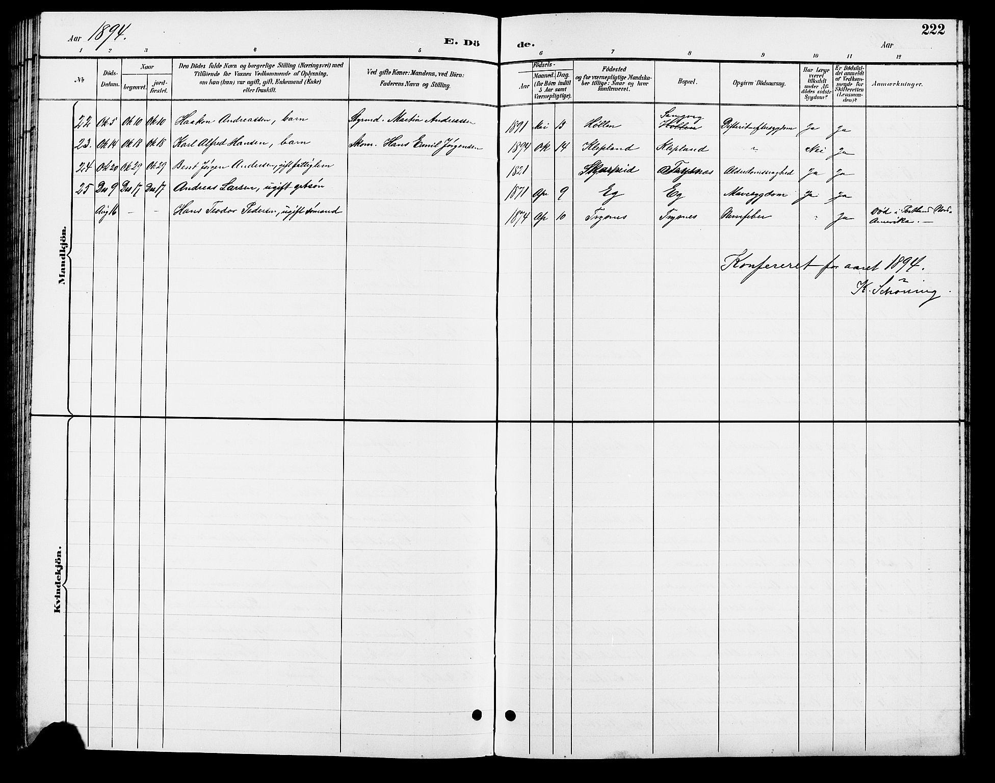 Søgne sokneprestkontor, AV/SAK-1111-0037/F/Fb/Fbb/L0006: Parish register (copy) no. B 6, 1892-1911, p. 222