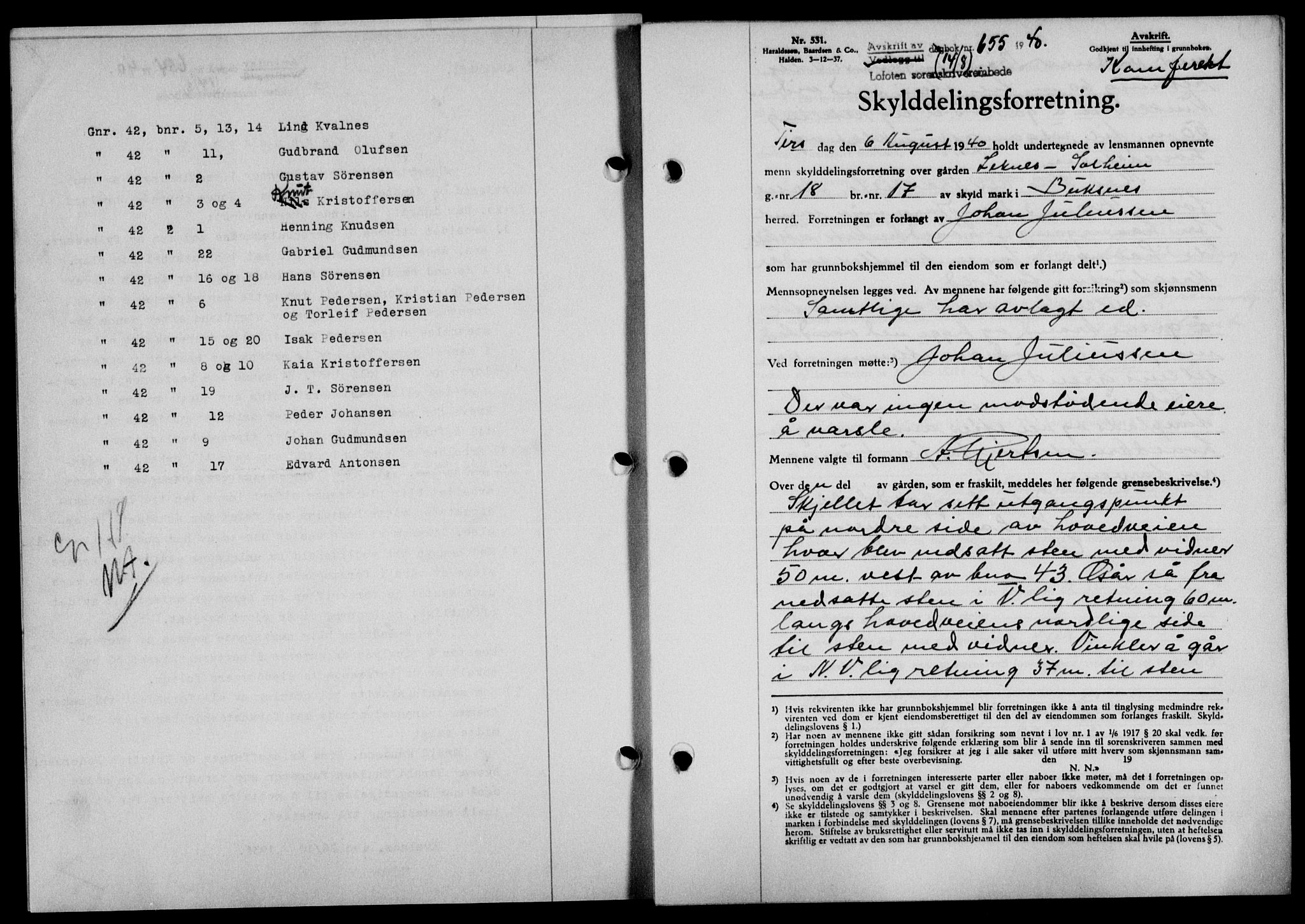 Lofoten sorenskriveri, SAT/A-0017/1/2/2C/L0007a: Mortgage book no. 7a, 1939-1940, Diary no: : 655/1940