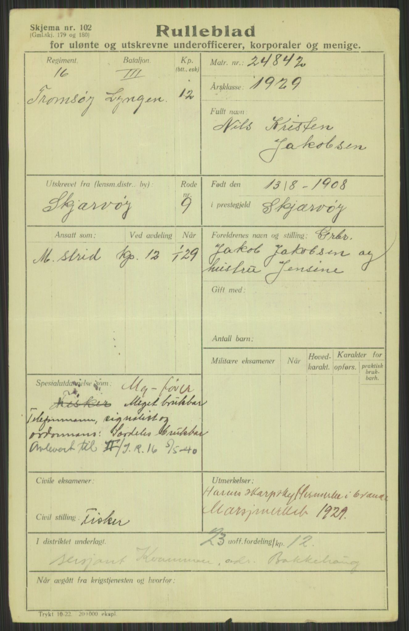 Forsvaret, Troms infanteriregiment nr. 16, AV/RA-RAFA-3146/P/Pa/L0013/0004: Rulleblad / Rulleblad for regimentets menige mannskaper, årsklasse 1929, 1929, p. 501