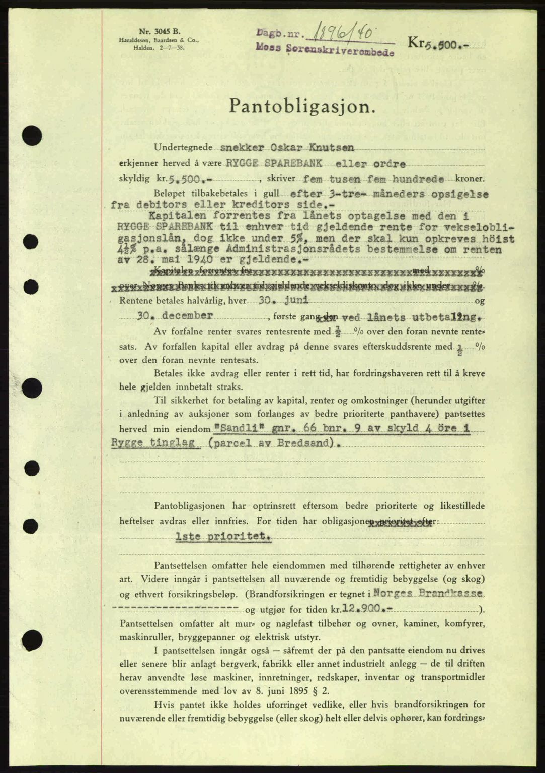 Moss sorenskriveri, SAO/A-10168: Mortgage book no. B10, 1940-1941, Diary no: : 1896/1940