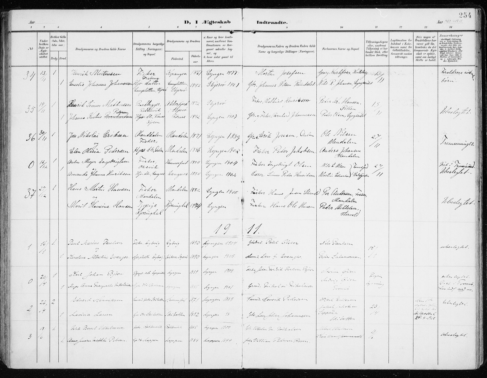 Lyngen sokneprestembete, AV/SATØ-S-1289/H/He/Hea/L0011kirke: Parish register (official) no. 11, 1903-1913, p. 254