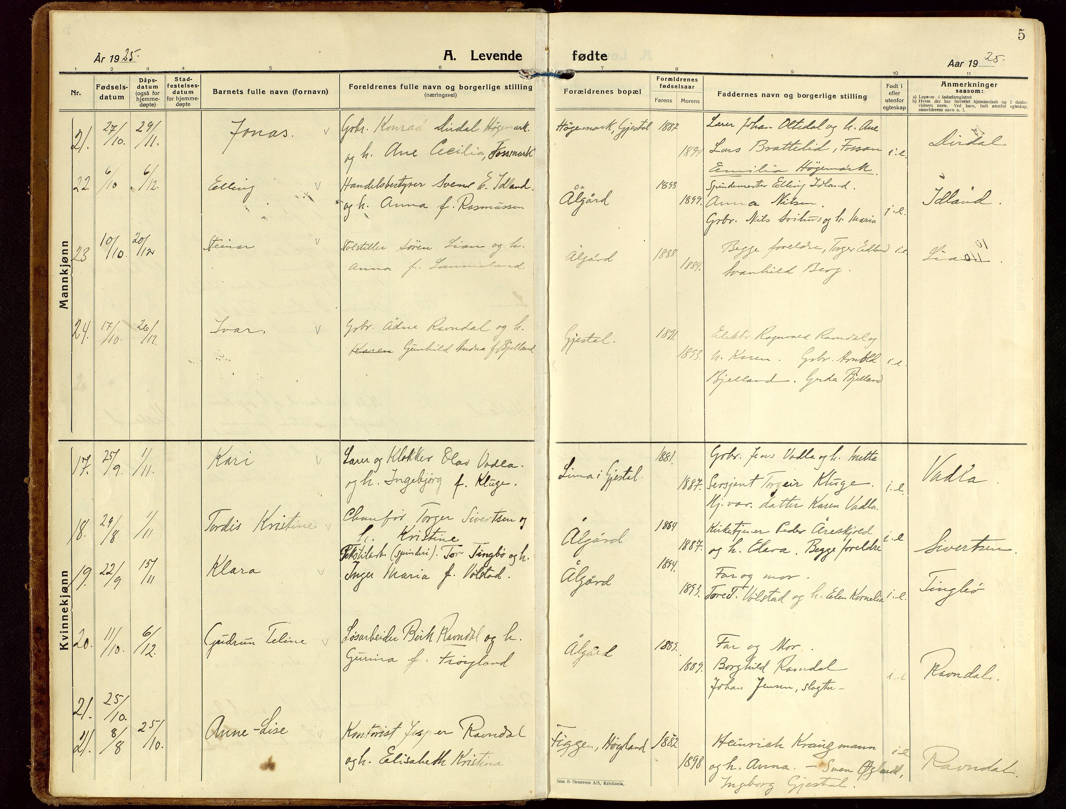 Gjesdal sokneprestkontor, AV/SAST-A-101796/003/O/L0001: Parish register (official) no. A 1, 1925-1949, p. 5