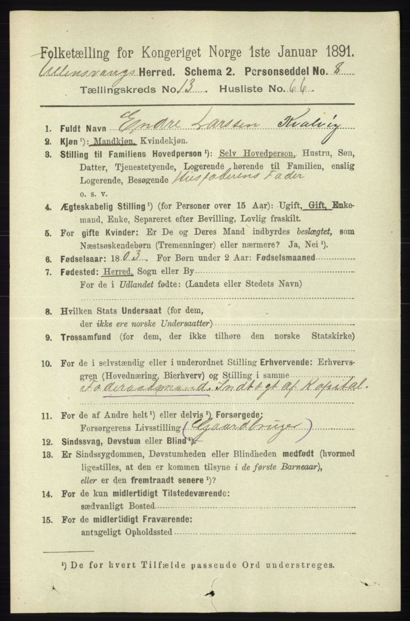 RA, 1891 census for 1230 Ullensvang, 1891, p. 5488