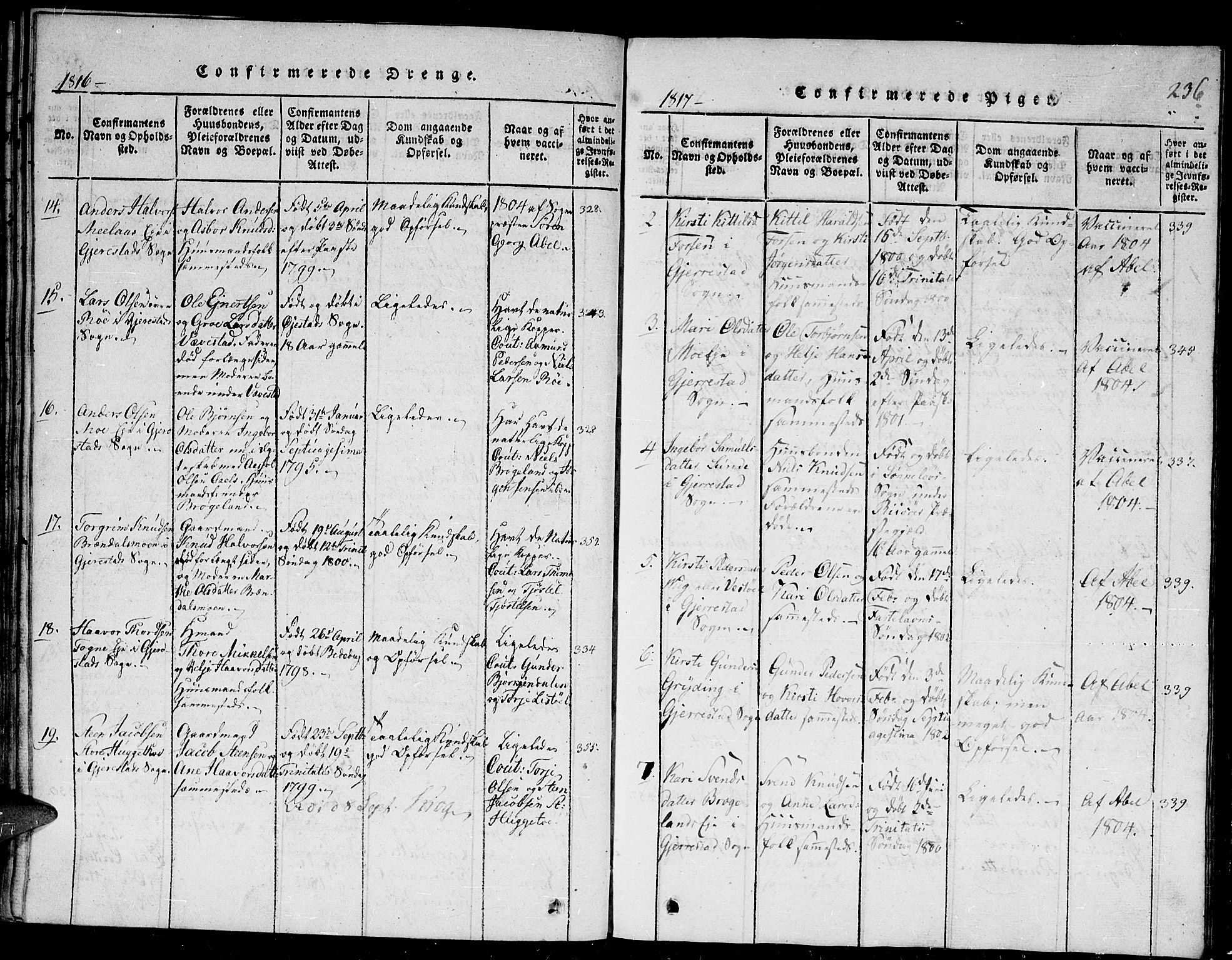 Gjerstad sokneprestkontor, SAK/1111-0014/F/Fb/Fba/L0002: Parish register (copy) no. B 2, 1816-1845, p. 236