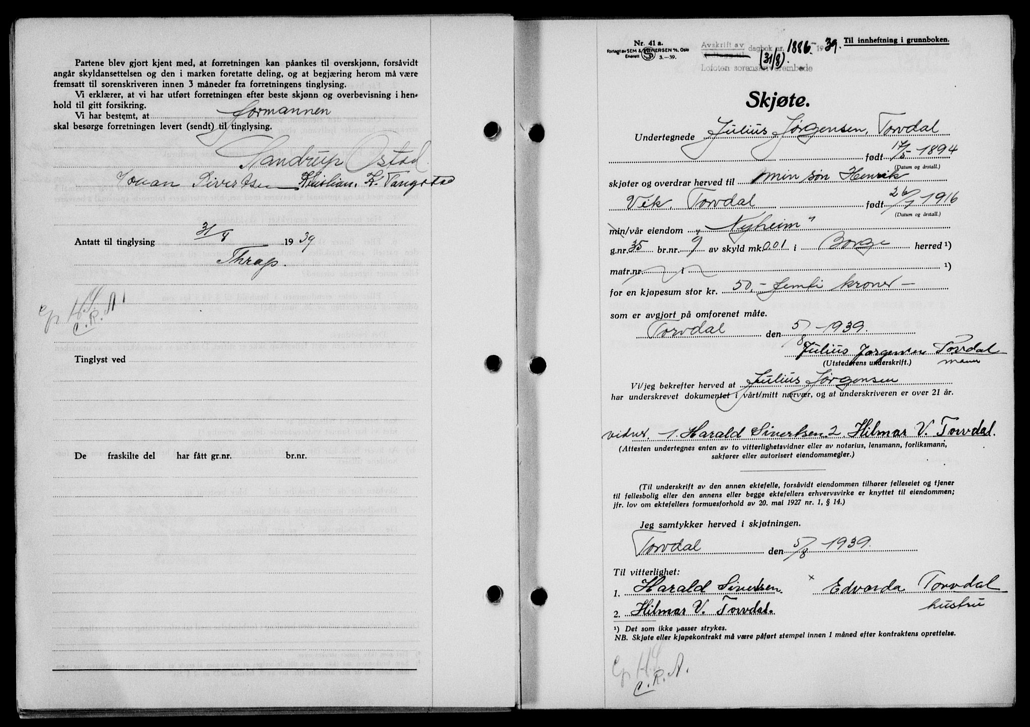 Lofoten sorenskriveri, SAT/A-0017/1/2/2C/L0006a: Mortgage book no. 6a, 1939-1939, Diary no: : 1886/1939