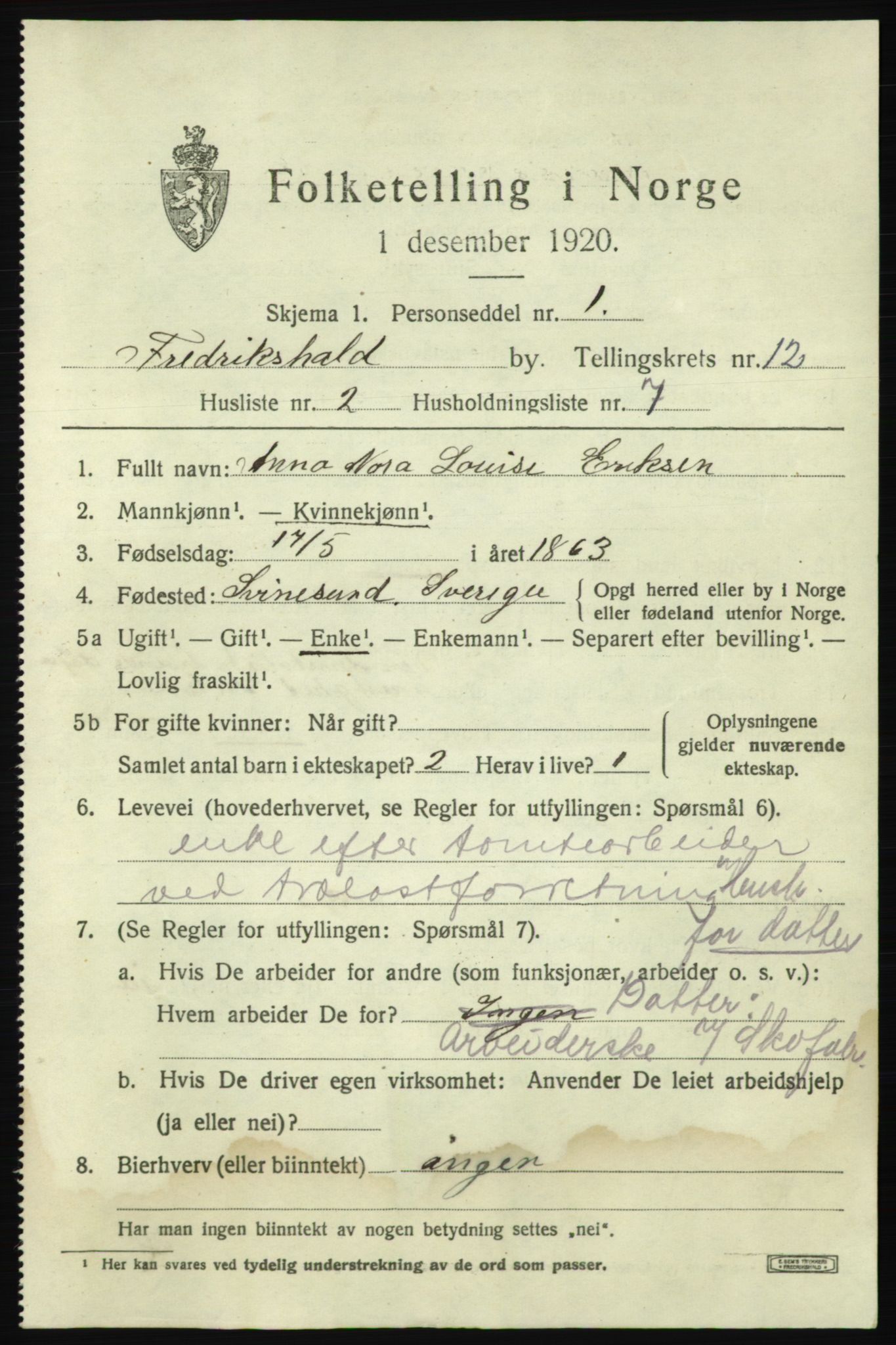 SAO, 1920 census for Fredrikshald, 1920, p. 19895