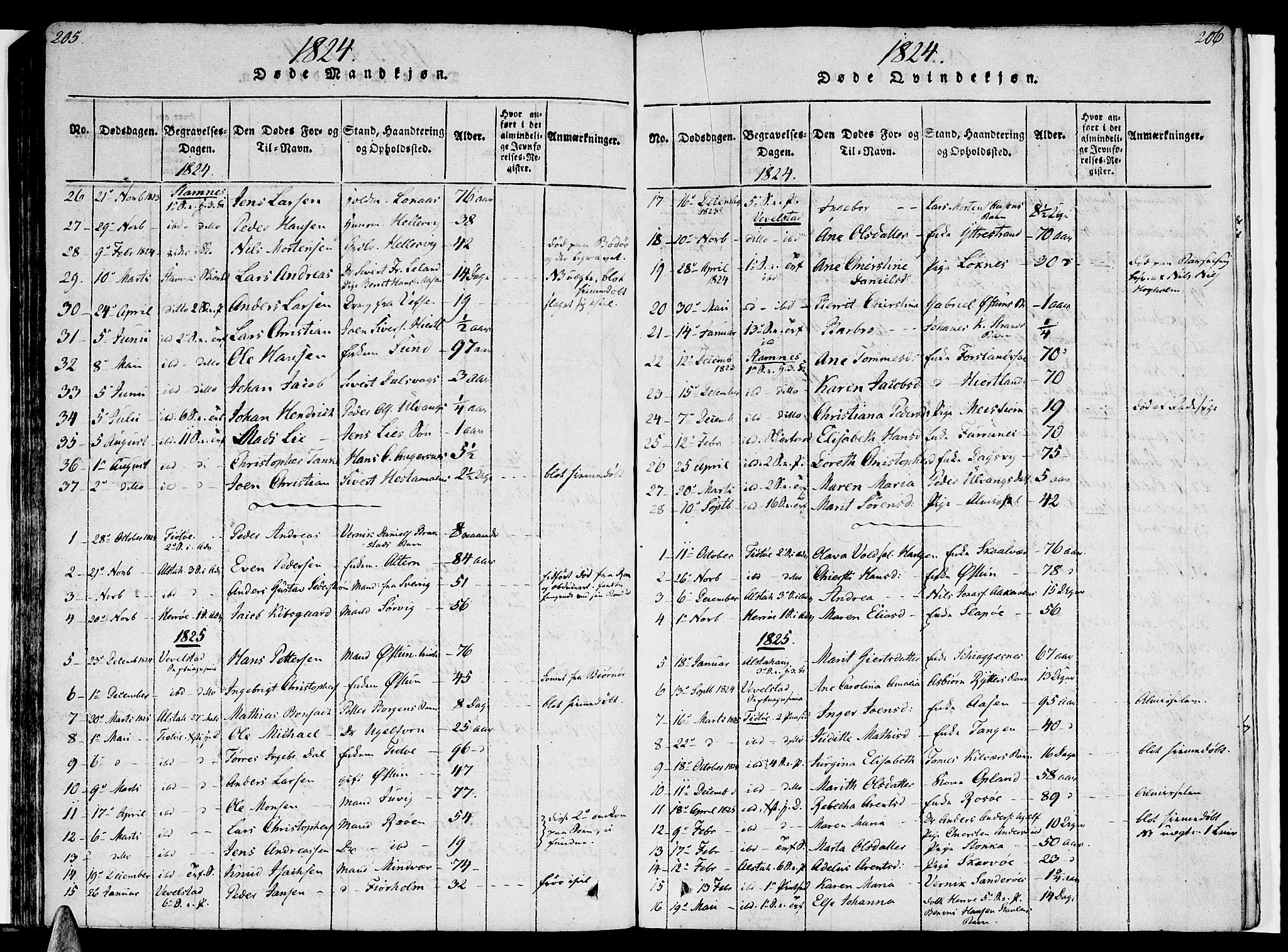 Ministerialprotokoller, klokkerbøker og fødselsregistre - Nordland, SAT/A-1459/830/L0445: Parish register (official) no. 830A09, 1820-1830, p. 205-206