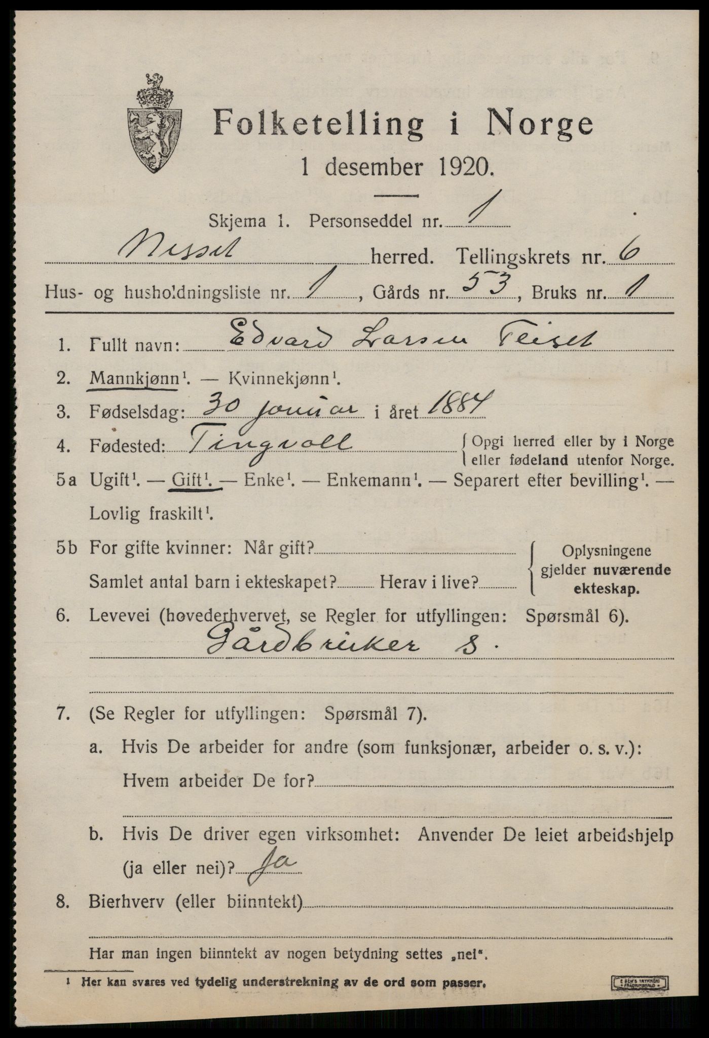 SAT, 1920 census for Nesset, 1920, p. 2802