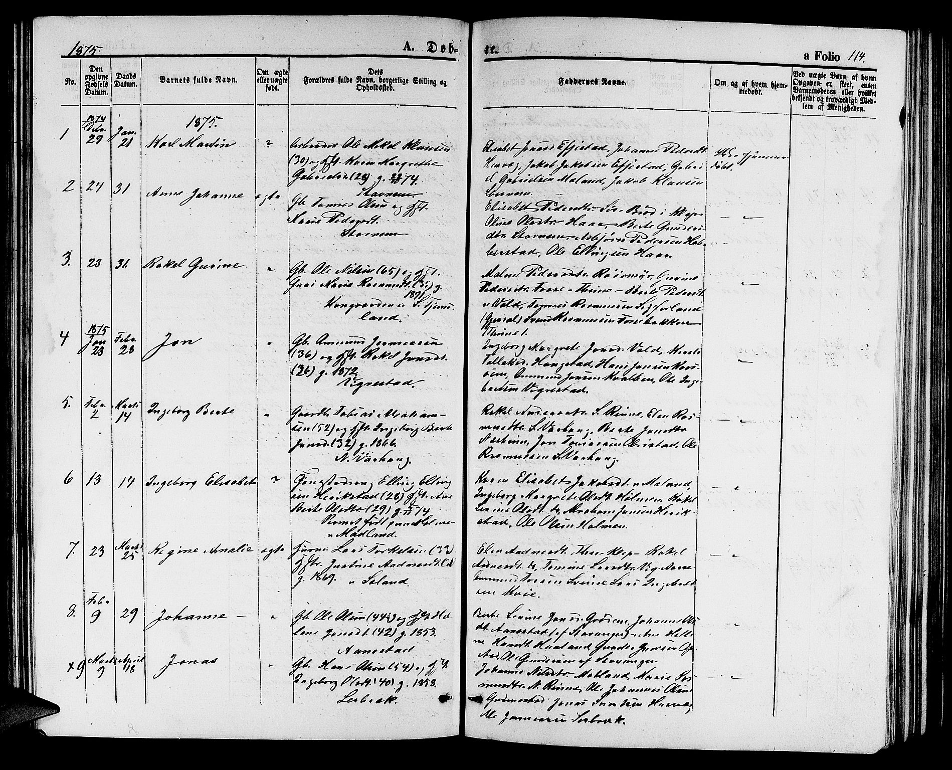 Hå sokneprestkontor, AV/SAST-A-101801/001/30BB/L0002: Parish register (copy) no. B 2, 1854-1883, p. 114