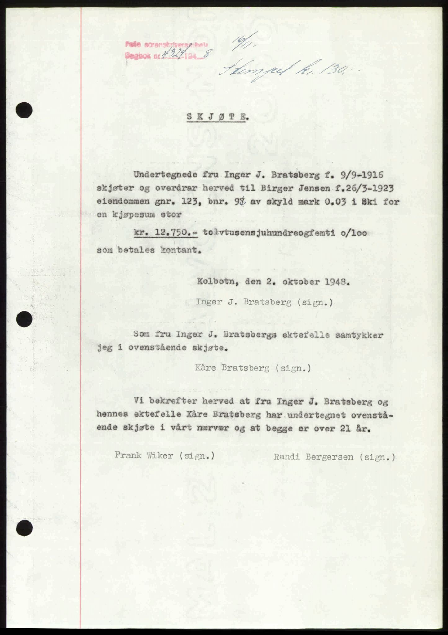 Follo sorenskriveri, SAO/A-10274/G/Ga/Gaa/L0085: Mortgage book no. I 85, 1948-1948, Diary no: : 4324/1948