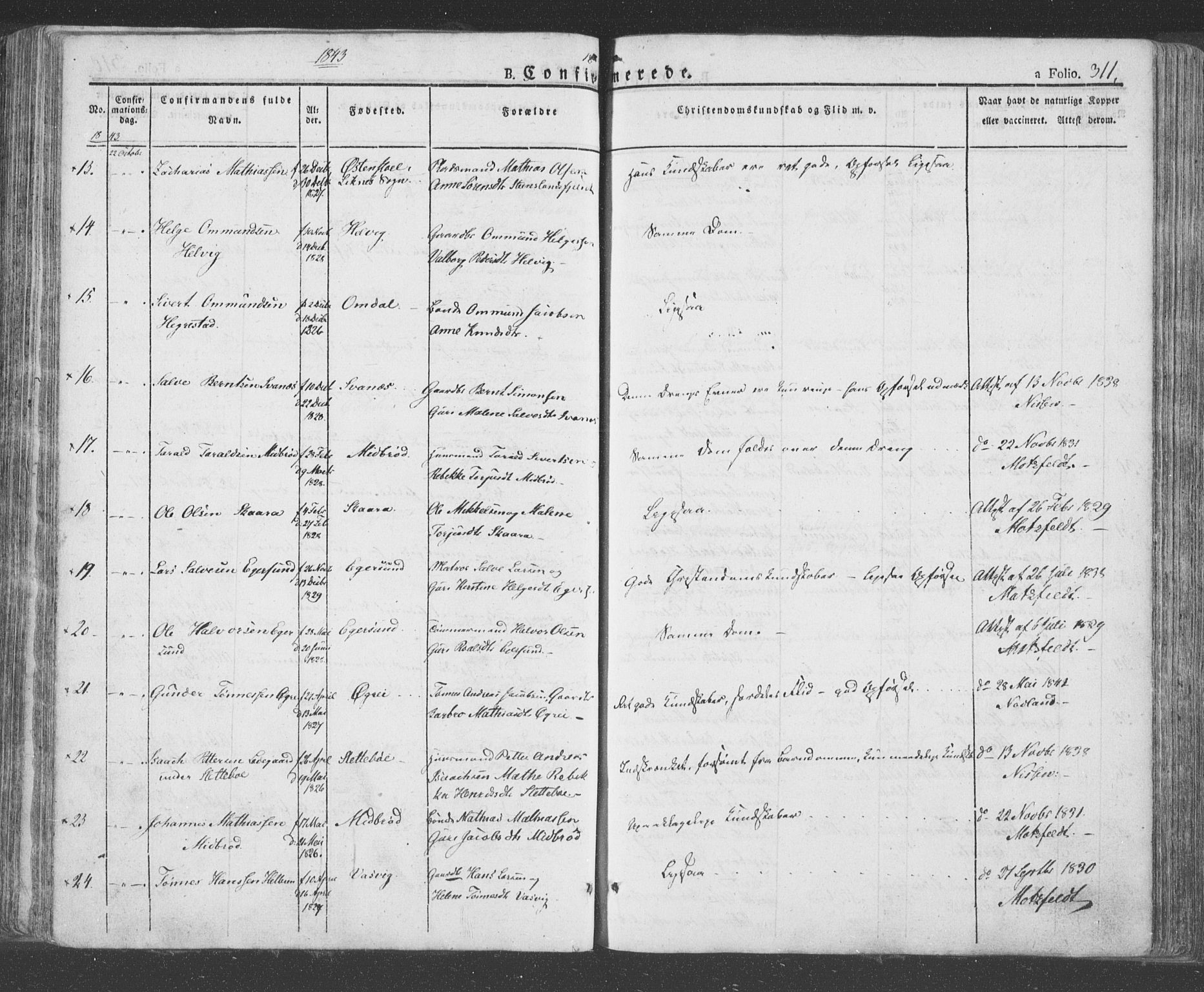 Eigersund sokneprestkontor, SAST/A-101807/S08/L0009: Parish register (official) no. A 9, 1827-1850, p. 311