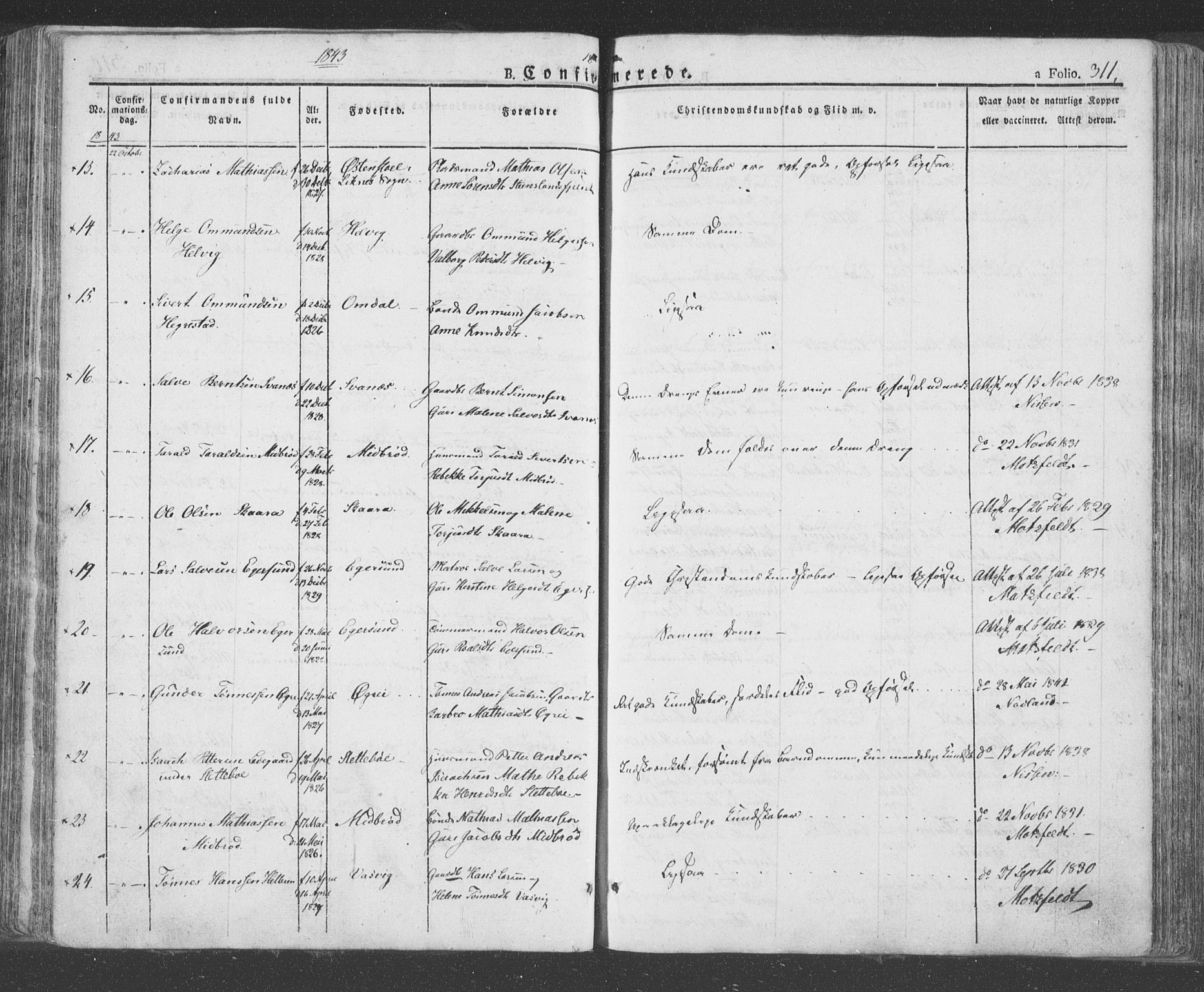 Eigersund sokneprestkontor, AV/SAST-A-101807/S08/L0009: Parish register (official) no. A 9, 1827-1850, p. 311