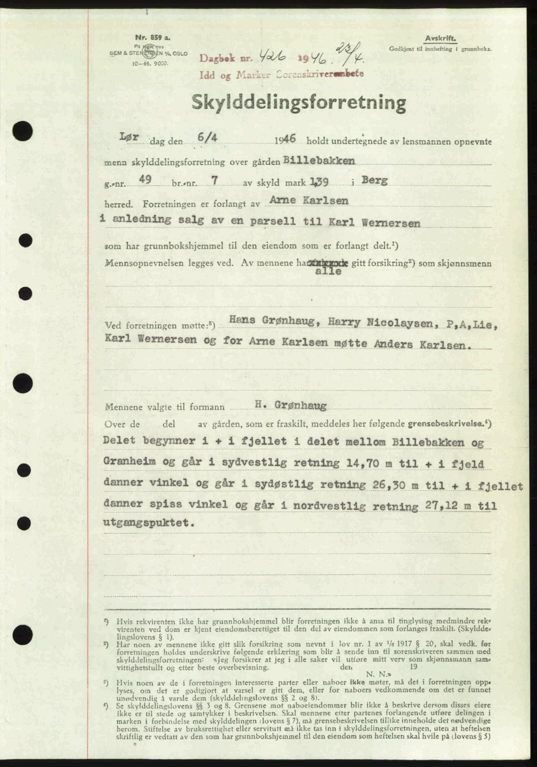 Idd og Marker sorenskriveri, AV/SAO-A-10283/G/Gb/Gbb/L0008: Mortgage book no. A8, 1946-1946, Diary no: : 426/1946