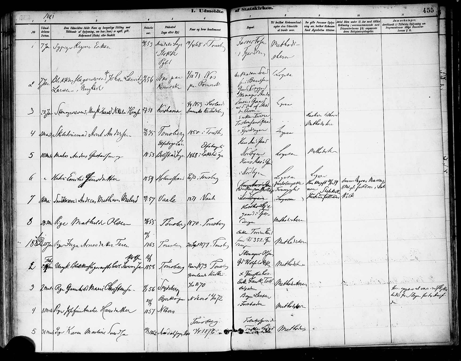 Tønsberg kirkebøker, SAKO/A-330/F/Fa/L0011: Parish register (official) no. I 11, 1881-1890, p. 455