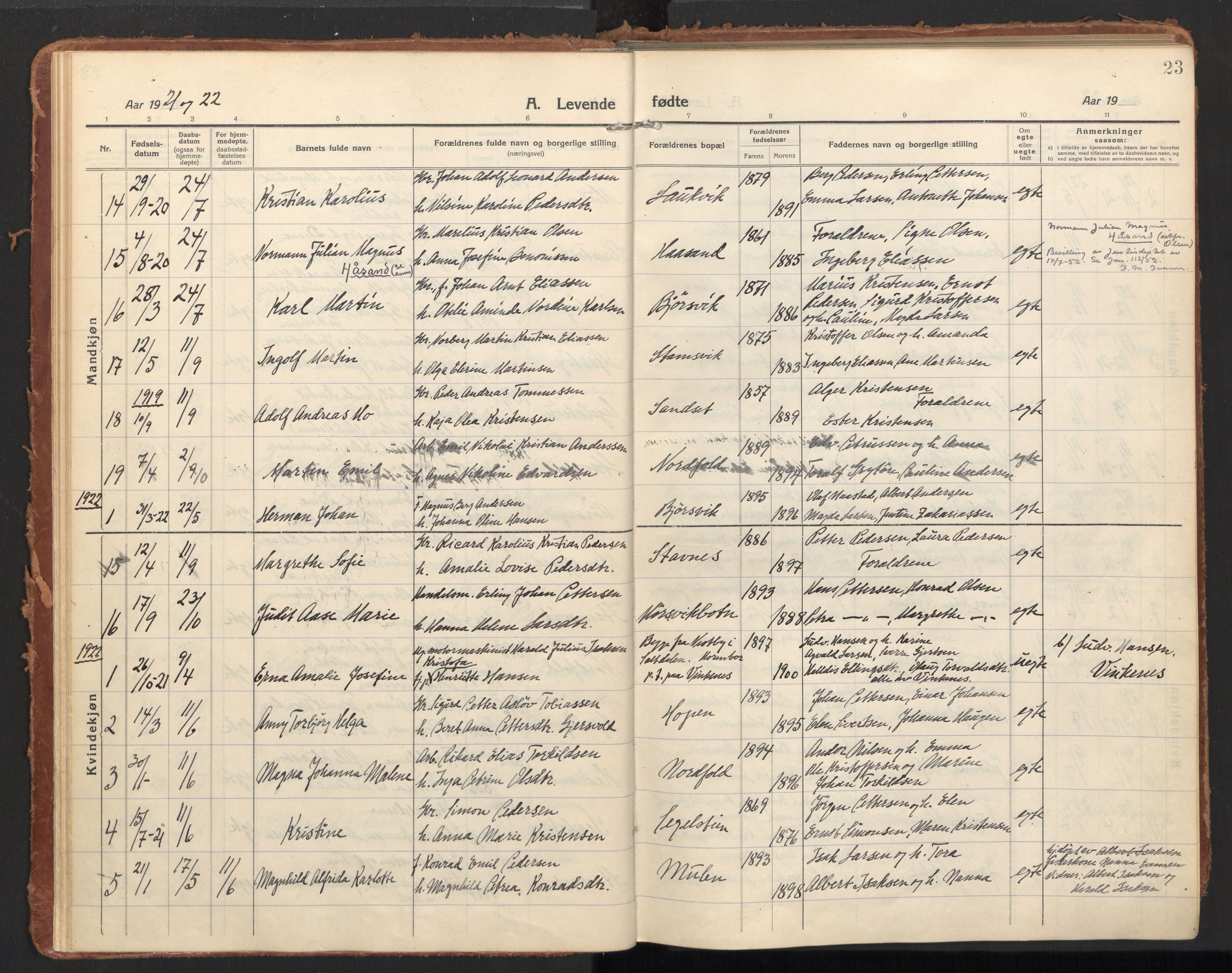 Ministerialprotokoller, klokkerbøker og fødselsregistre - Nordland, AV/SAT-A-1459/858/L0833: Parish register (official) no. 858A03, 1916-1934, p. 23