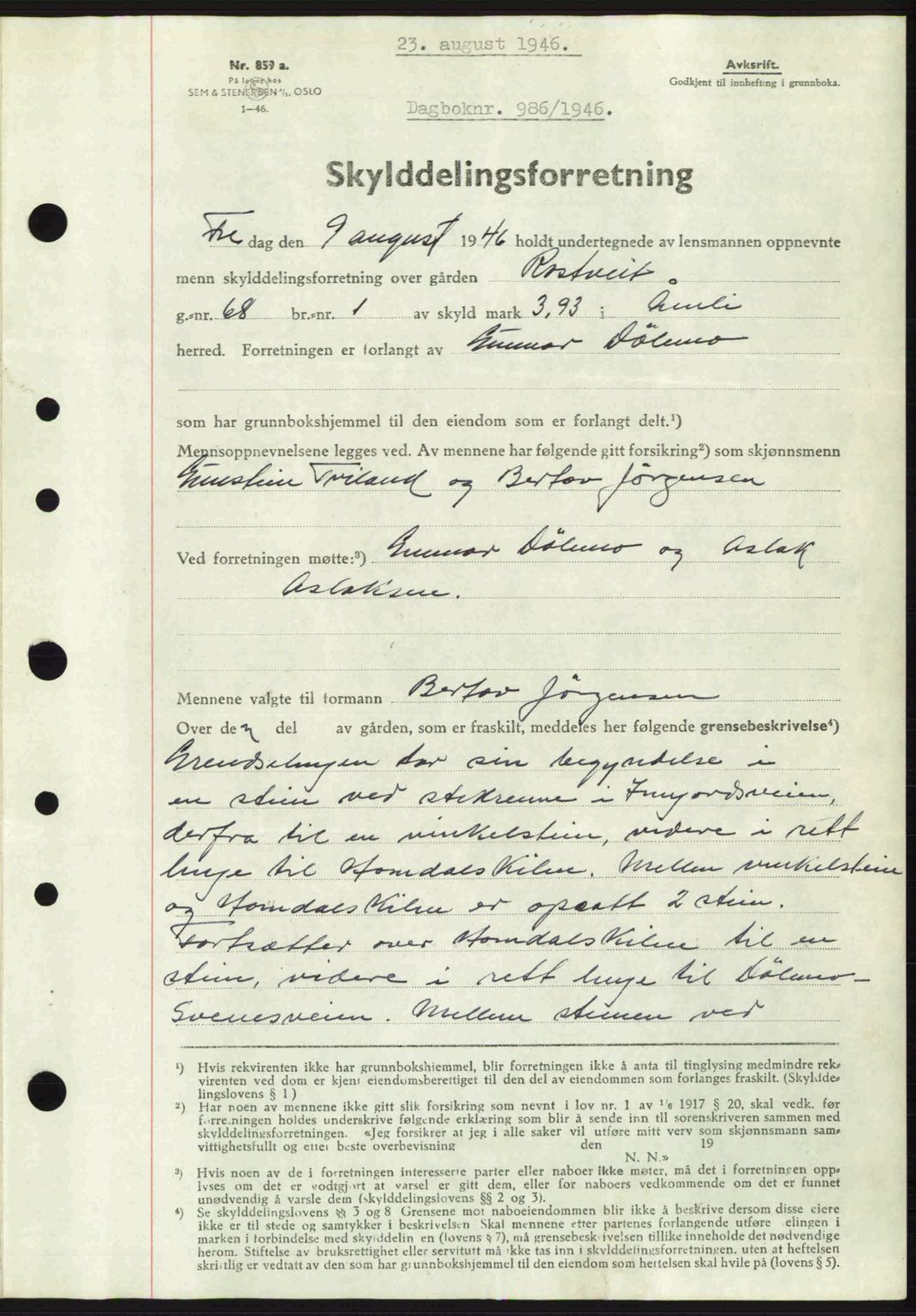 Nedenes sorenskriveri, AV/SAK-1221-0006/G/Gb/Gba/L0055: Mortgage book no. A7, 1946-1946, Diary no: : 986/1946