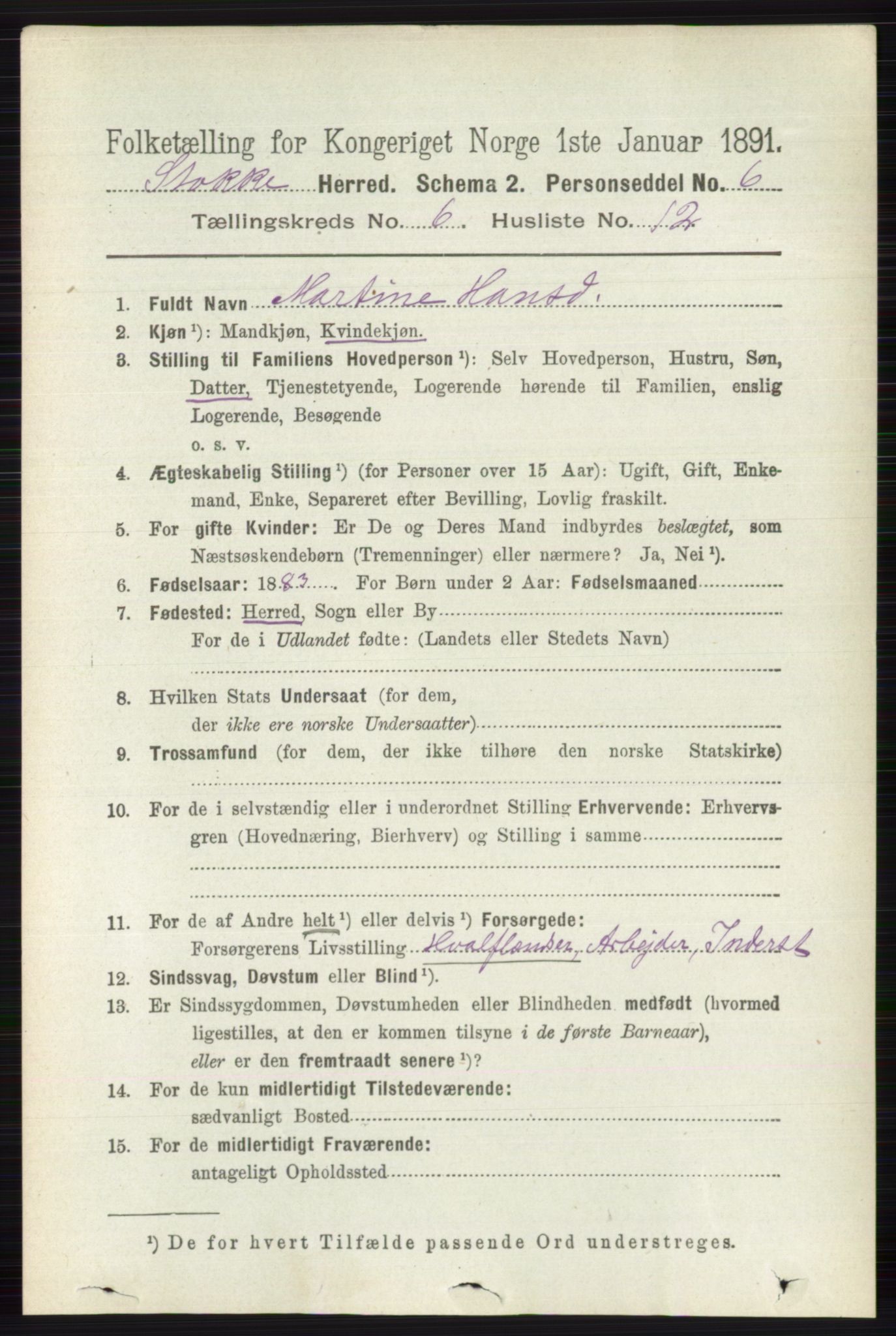 RA, 1891 census for 0720 Stokke, 1891, p. 3867