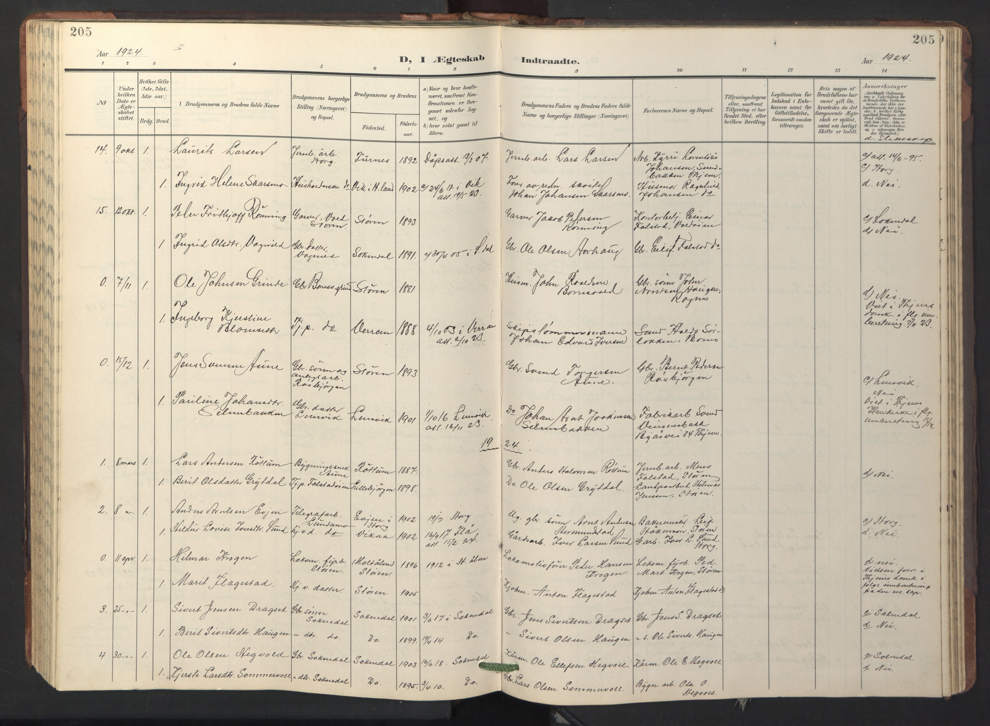Ministerialprotokoller, klokkerbøker og fødselsregistre - Sør-Trøndelag, SAT/A-1456/687/L1019: Parish register (copy) no. 687C03, 1904-1931, p. 205
