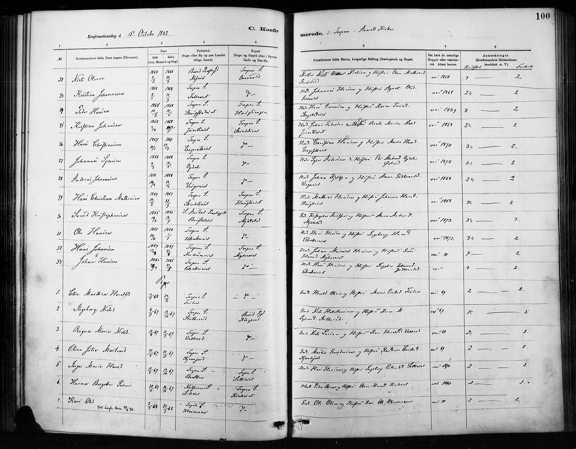 Nordre Land prestekontor, AV/SAH-PREST-124/H/Ha/Haa/L0004: Parish register (official) no. 4, 1882-1896, p. 100