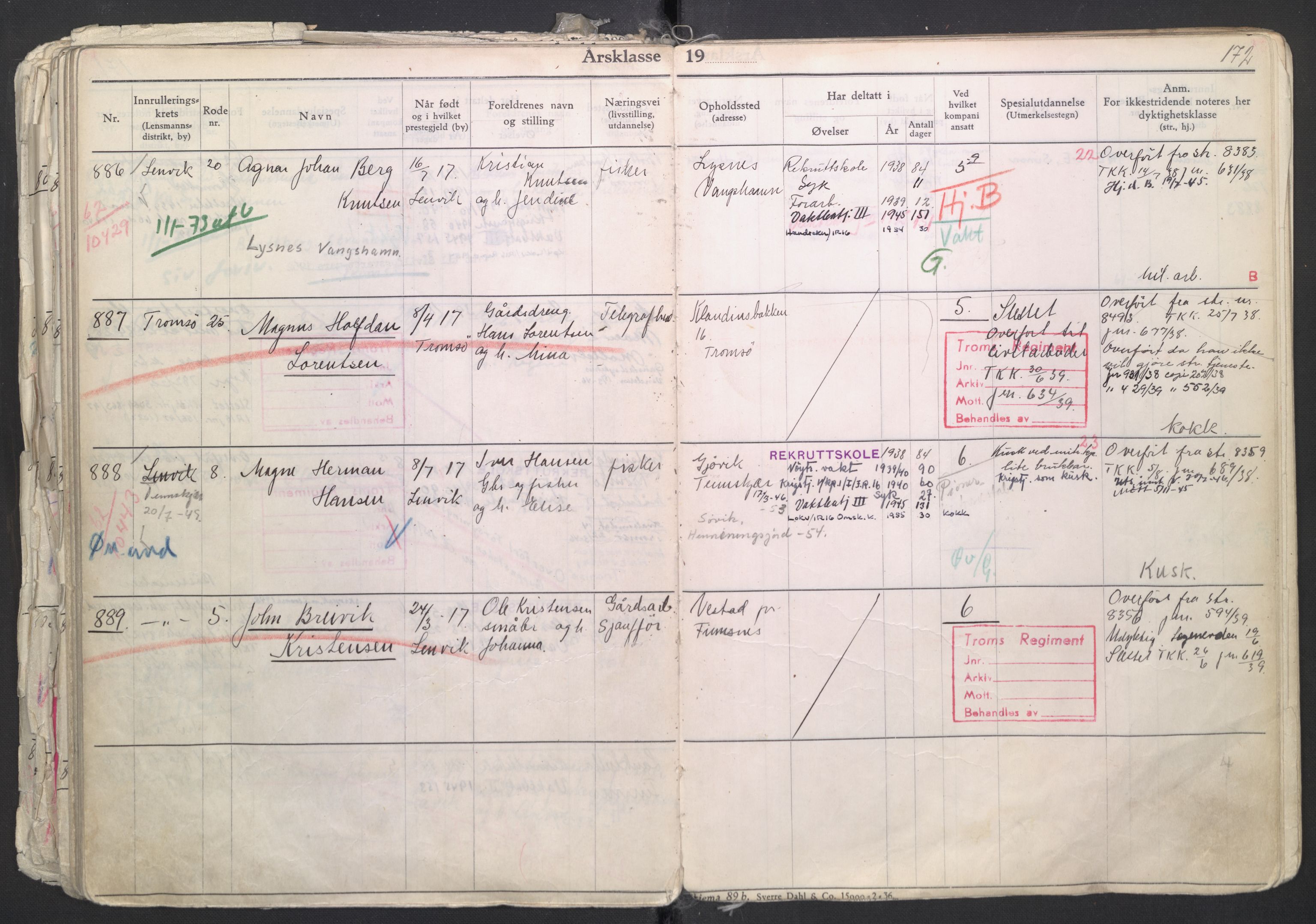 Forsvaret, Troms infanteriregiment nr. 16, AV/RA-RAFA-3146/P/Pa/L0007/0003: Ruller / Rulle for regimentets menige mannskaper, årsklasse 1938, 1938, p. 172